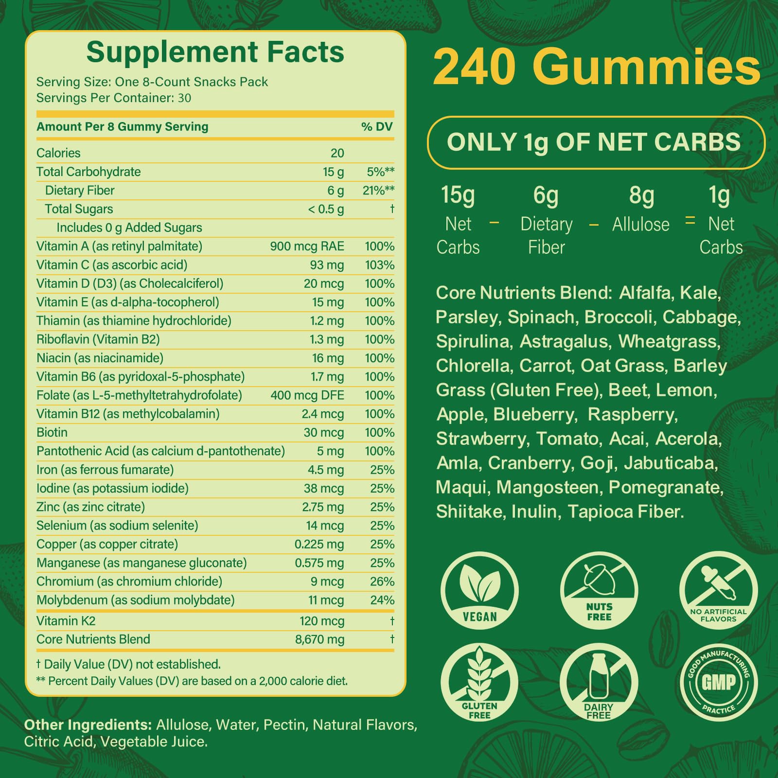 Ingredientes Tecepec: espirulina y chlorella en polvo, visible aporte de superalimentos verdes