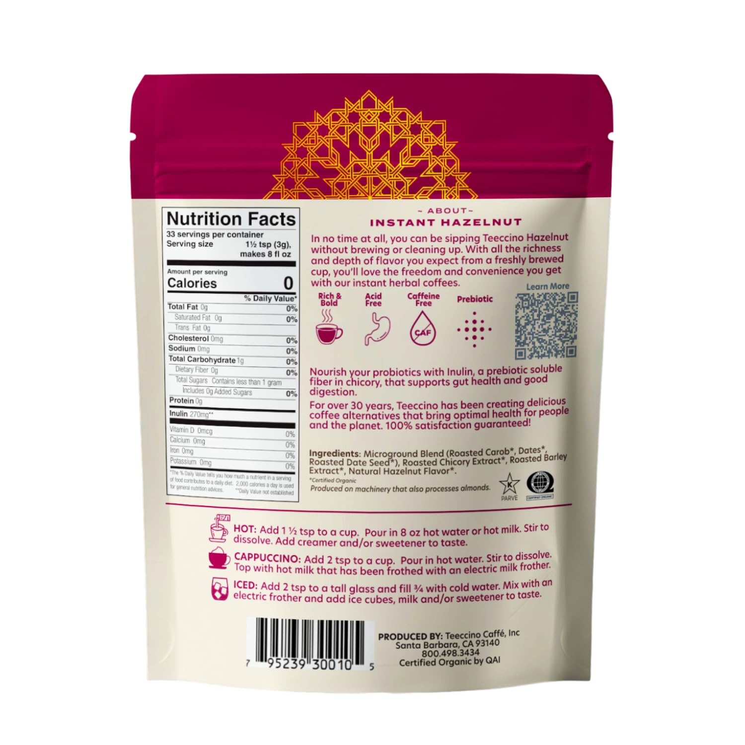 Teeccino etiqueta de ingredientes destacando ingredientes orgánicos y prebióticos