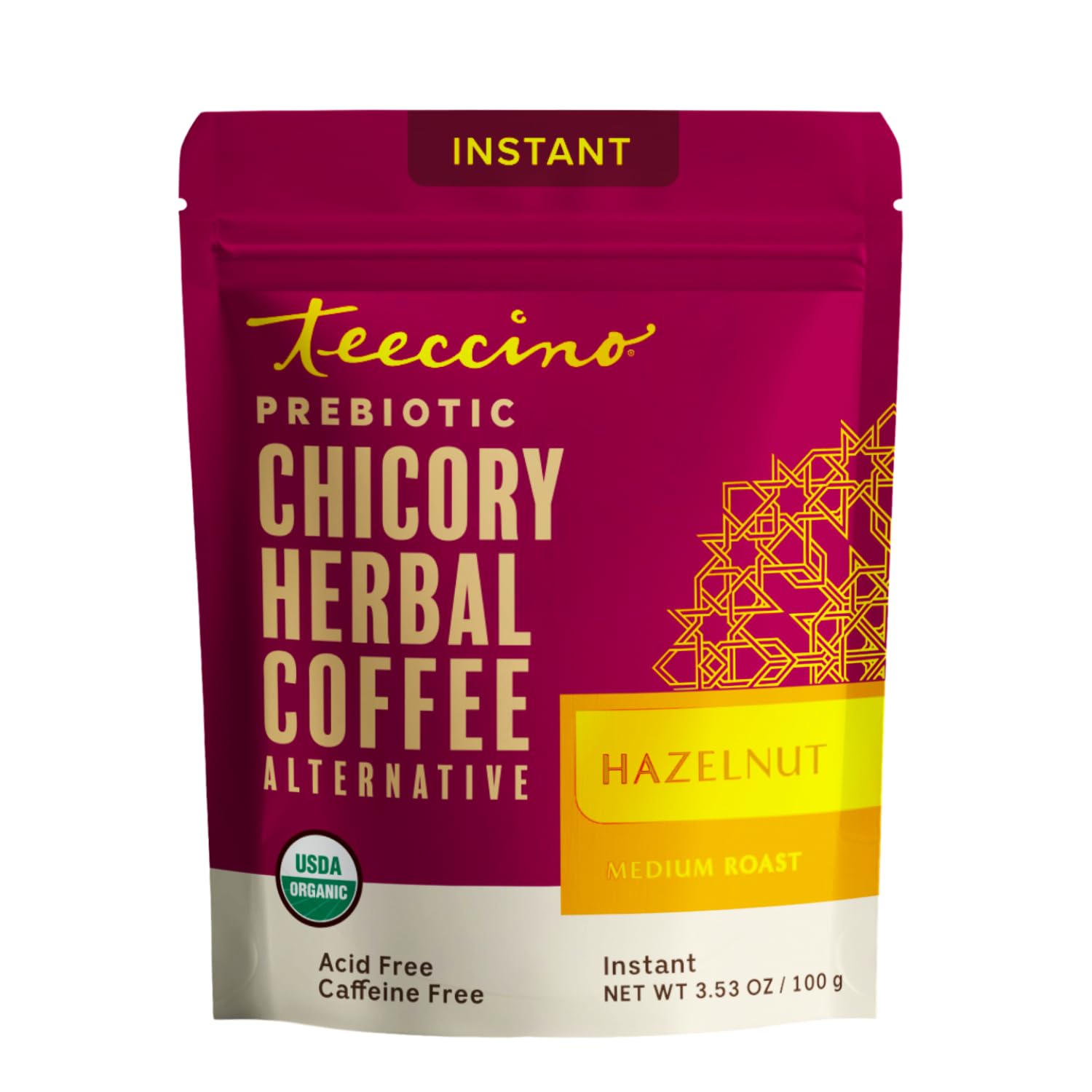 Teeccino empaque frontal mostrando el producto y facilidad de uso