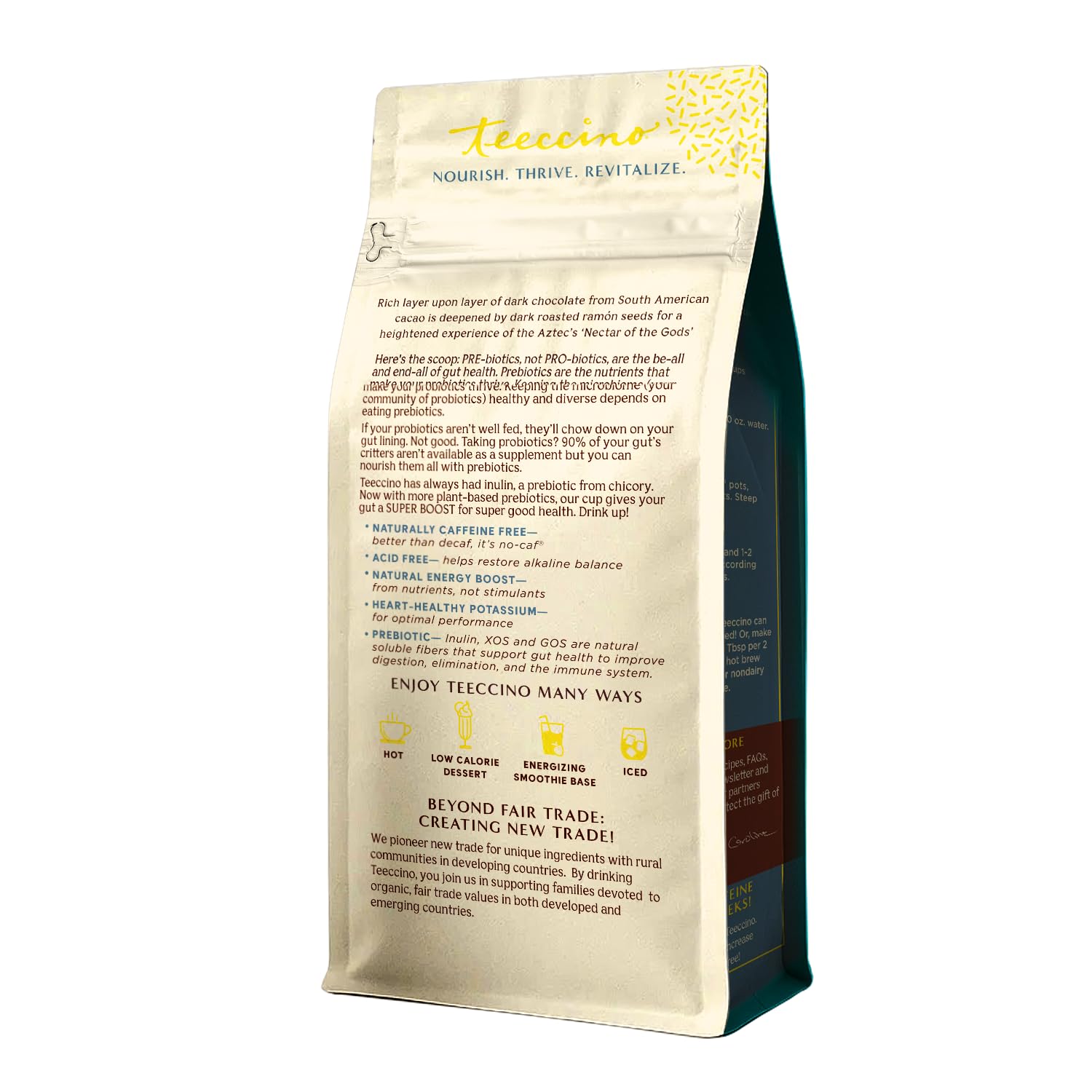 Teeccino ingredientes orgánicos cacao algarroba achicoria en mostrador