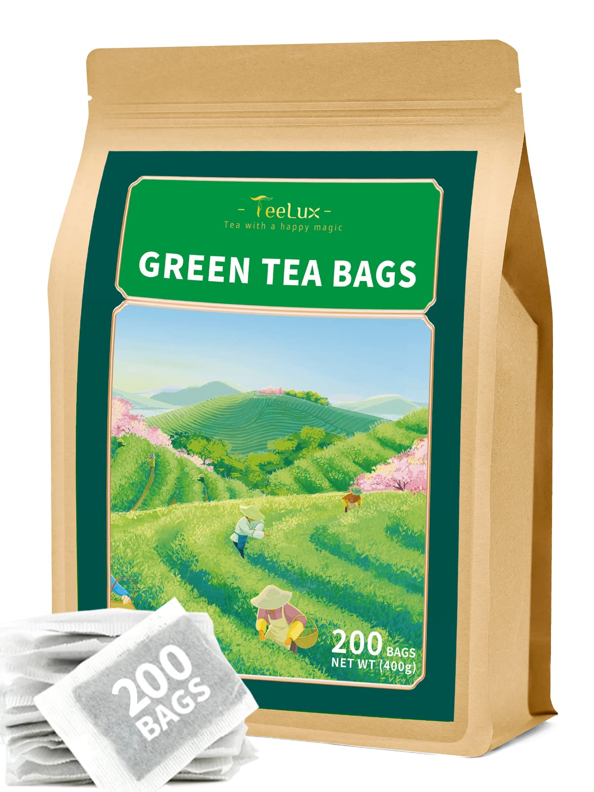 TeeLux frente del empaque mostrando 200 bolsitas y beneficios ecológicos