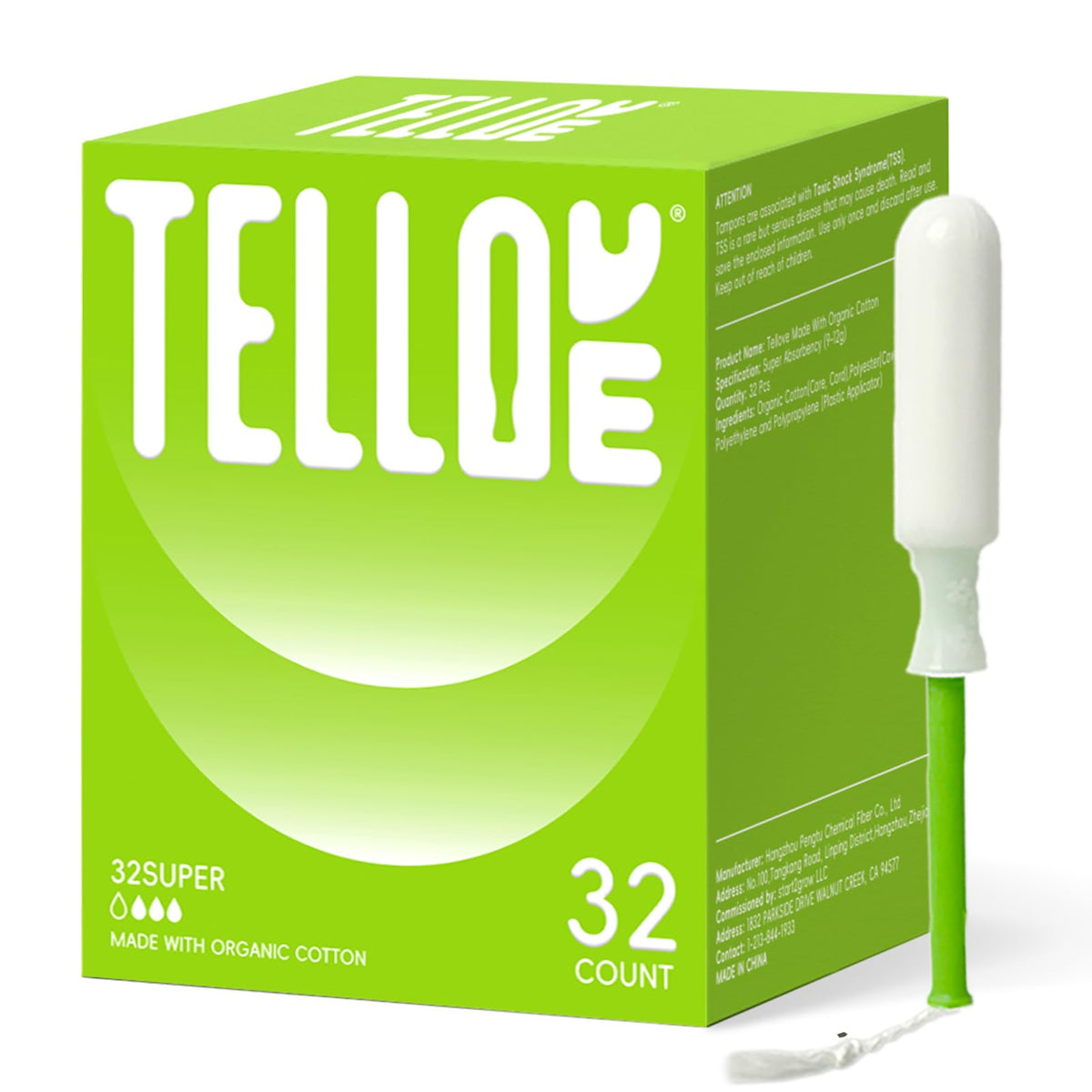 Tellove empaque frontal mostrando 32 tampones y beneficios claros