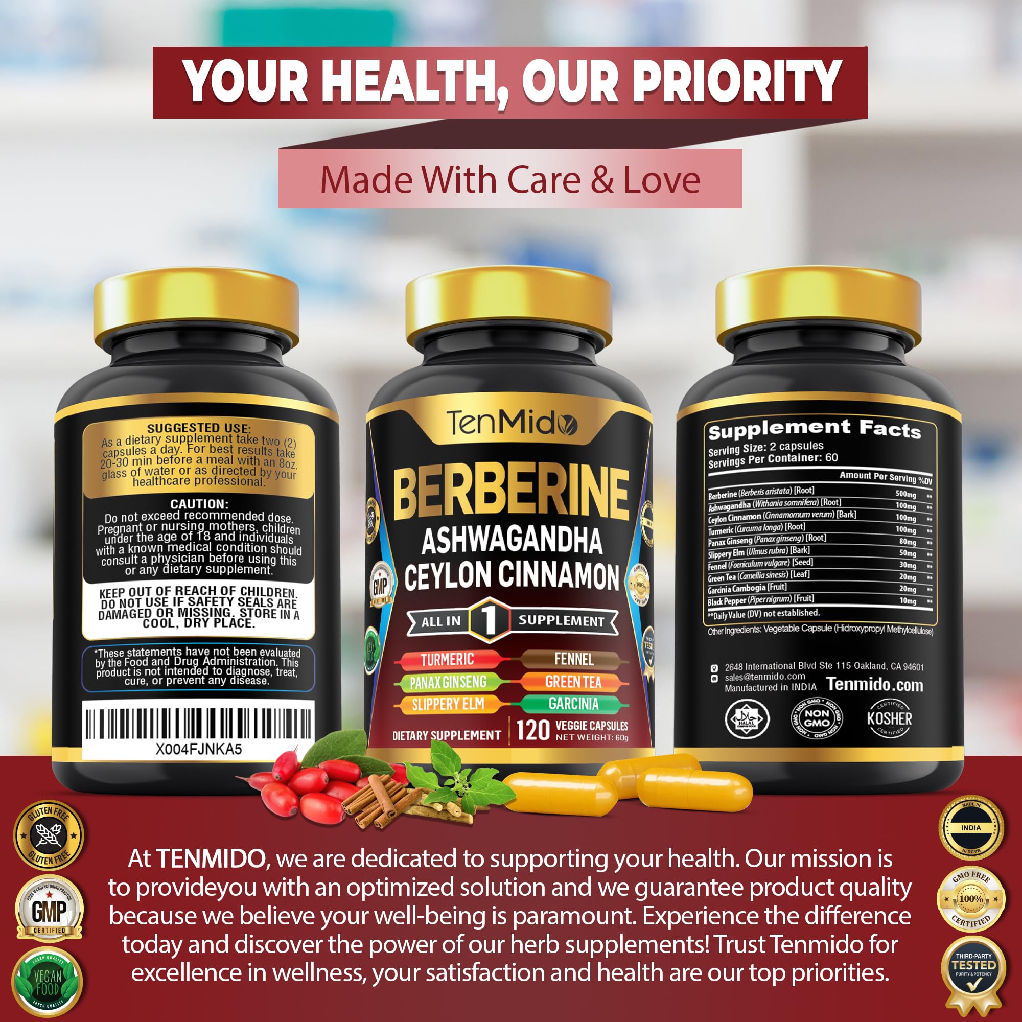 Tenmido Berberine en cocina con fruta y botella para mostrar uso en estilo de vida saludable