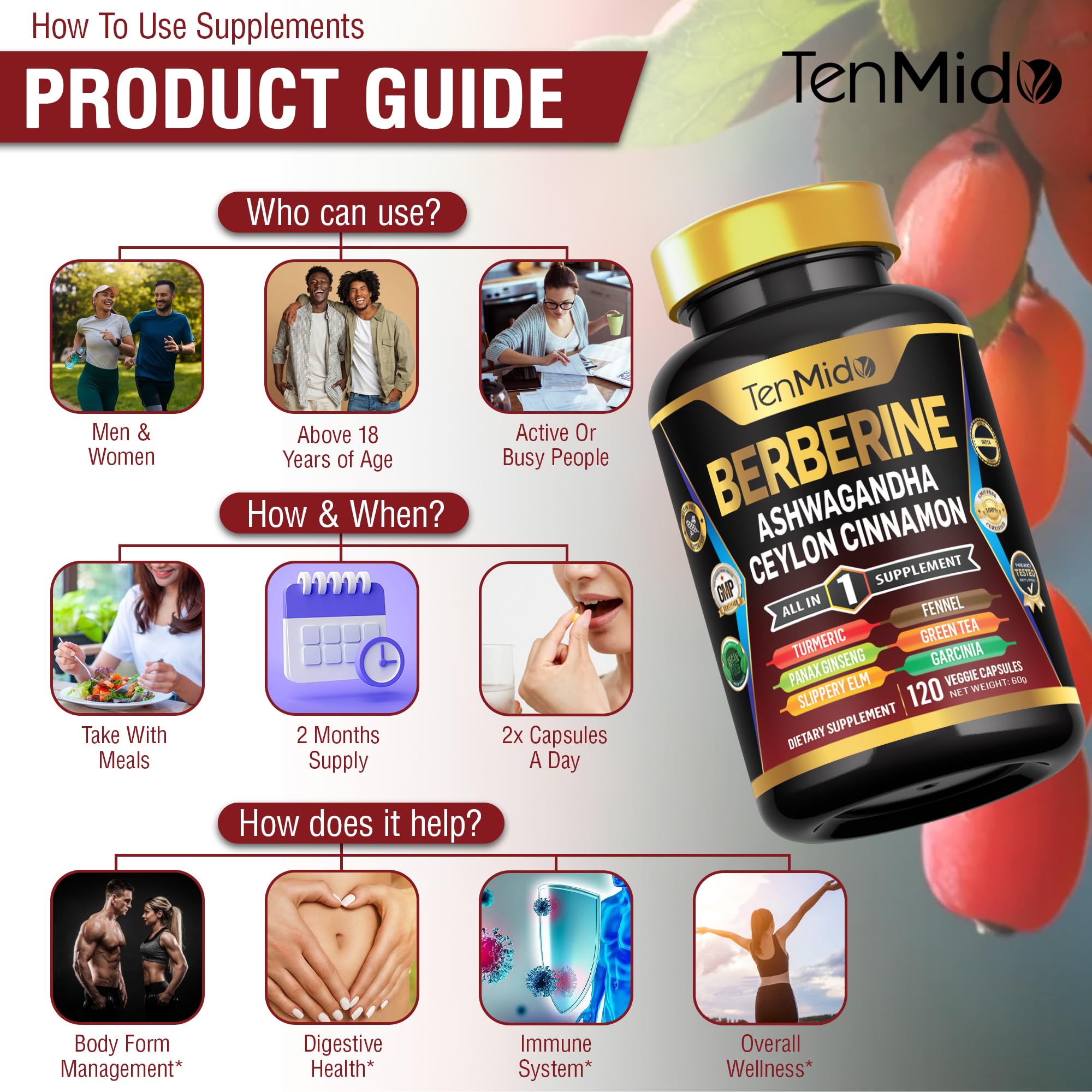 Tenmido Berberine cierre de etiqueta nutricional y lista de ingredientes verificada
