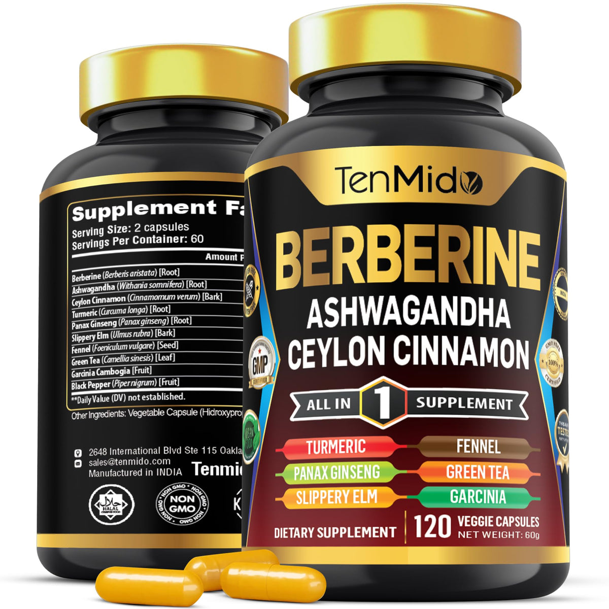 Tenmido Berberine vista frontal del envase mostrando la fórmula 10en1 y beneficios
