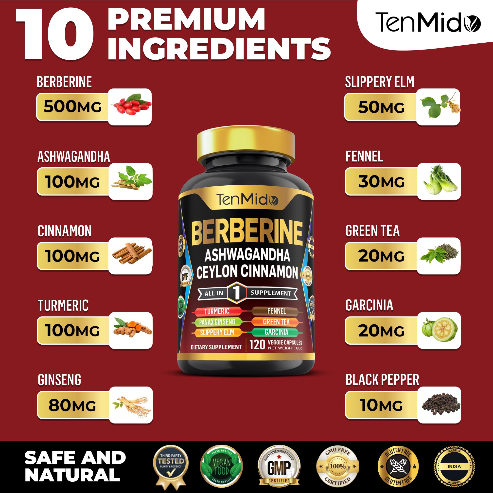 Tenmido Berberine ingredientes secos (cúrcuma, canela, té verde) mostrando naturalidad