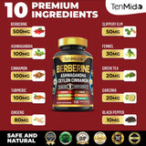 Tenmido Berberine ingredientes secos (cúrcuma, canela, té verde) mostrando naturalidad