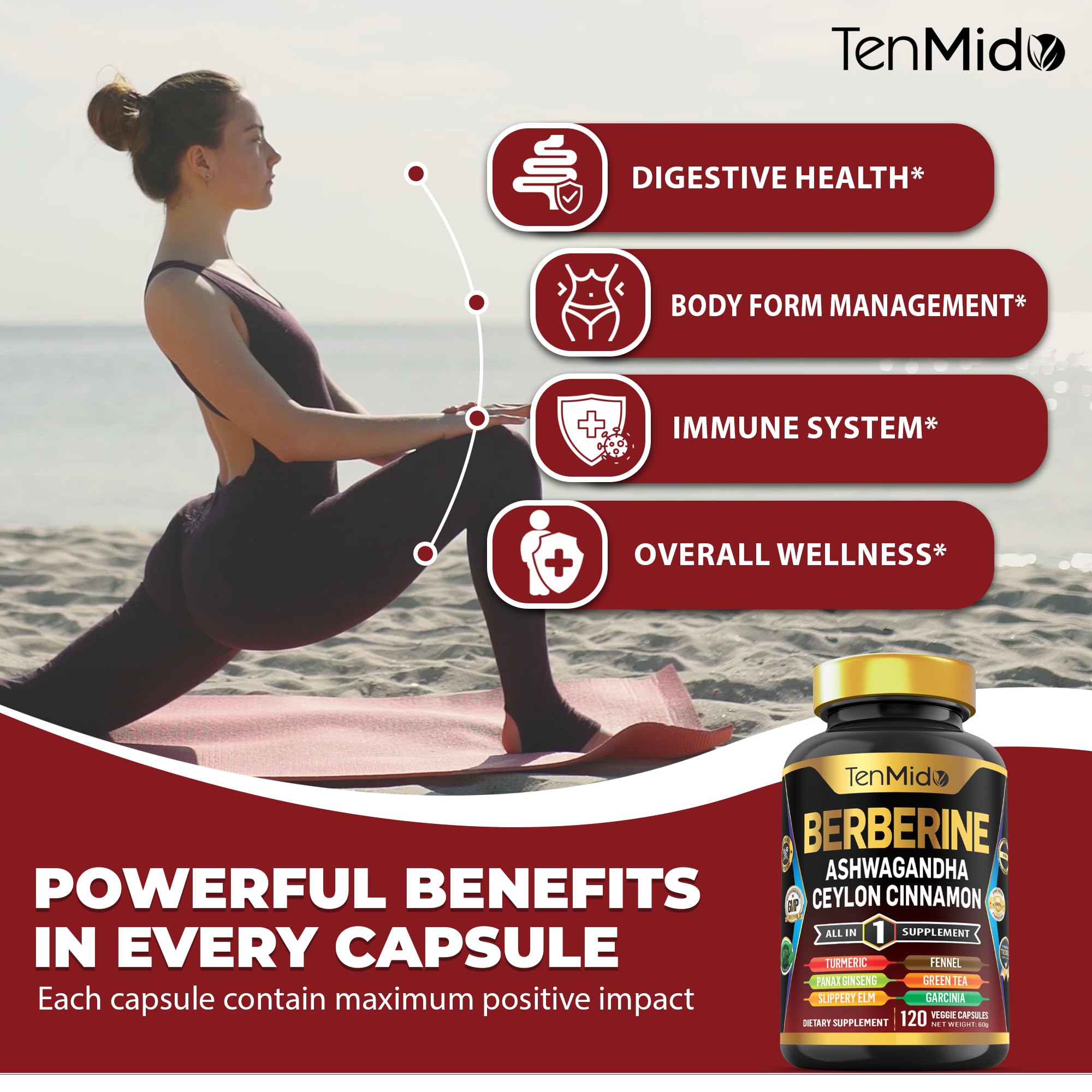 Tenmido Berberine cápsula en mano ilustrando dosis diaria sencilla y portable
