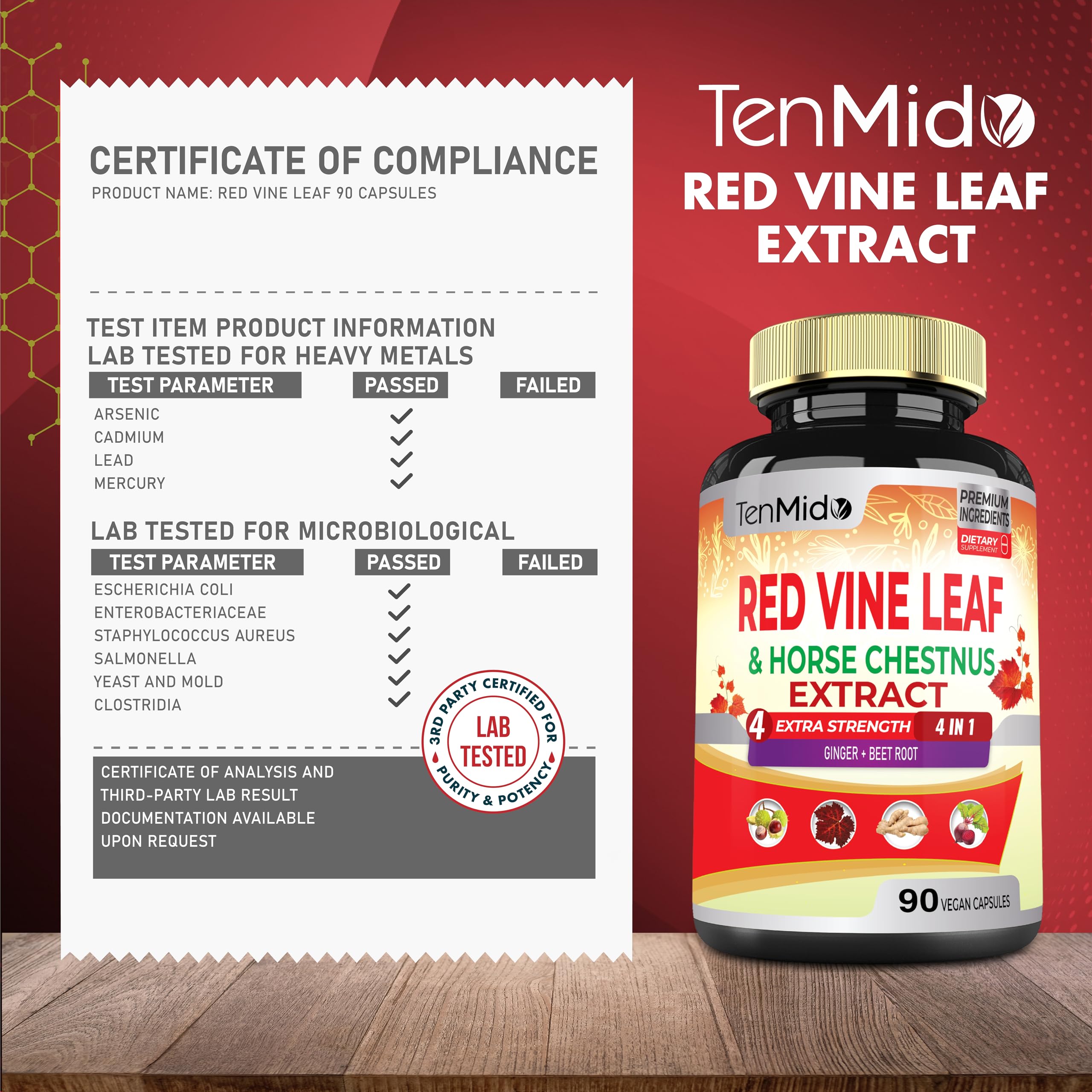 Tenmido etiqueta con información de ingredientes y control de calidad claro