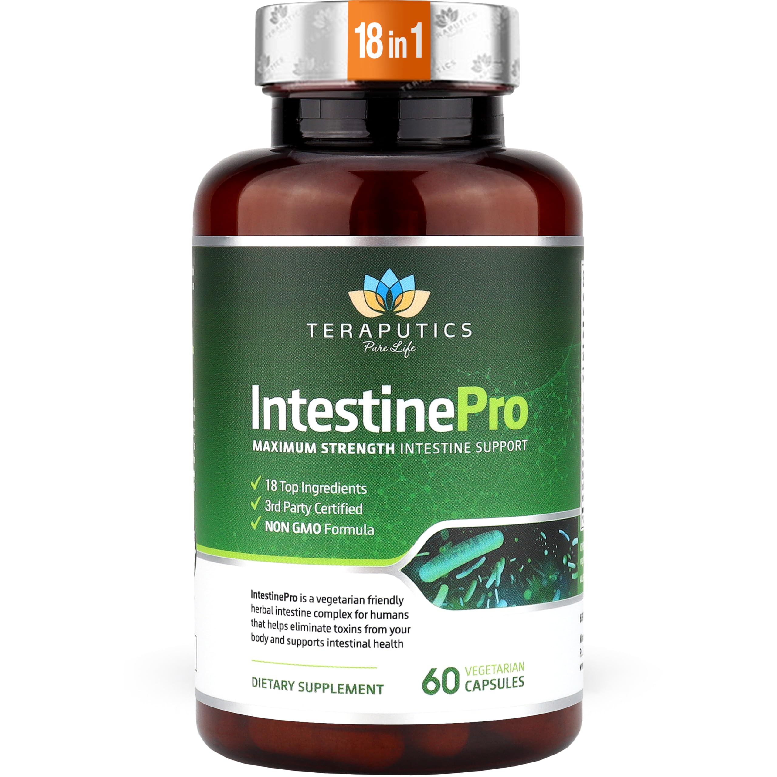 Teraputics IntestinePro frasco frente mostrando etiqueta y beneficio de apoyo intestinal