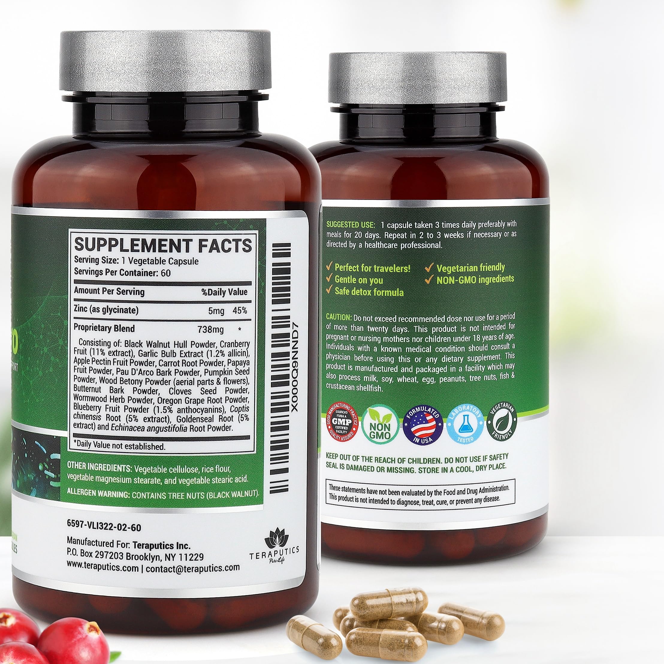 Teraputics IntestinePro ingredientes naturales dispersos que muestran origen botánico