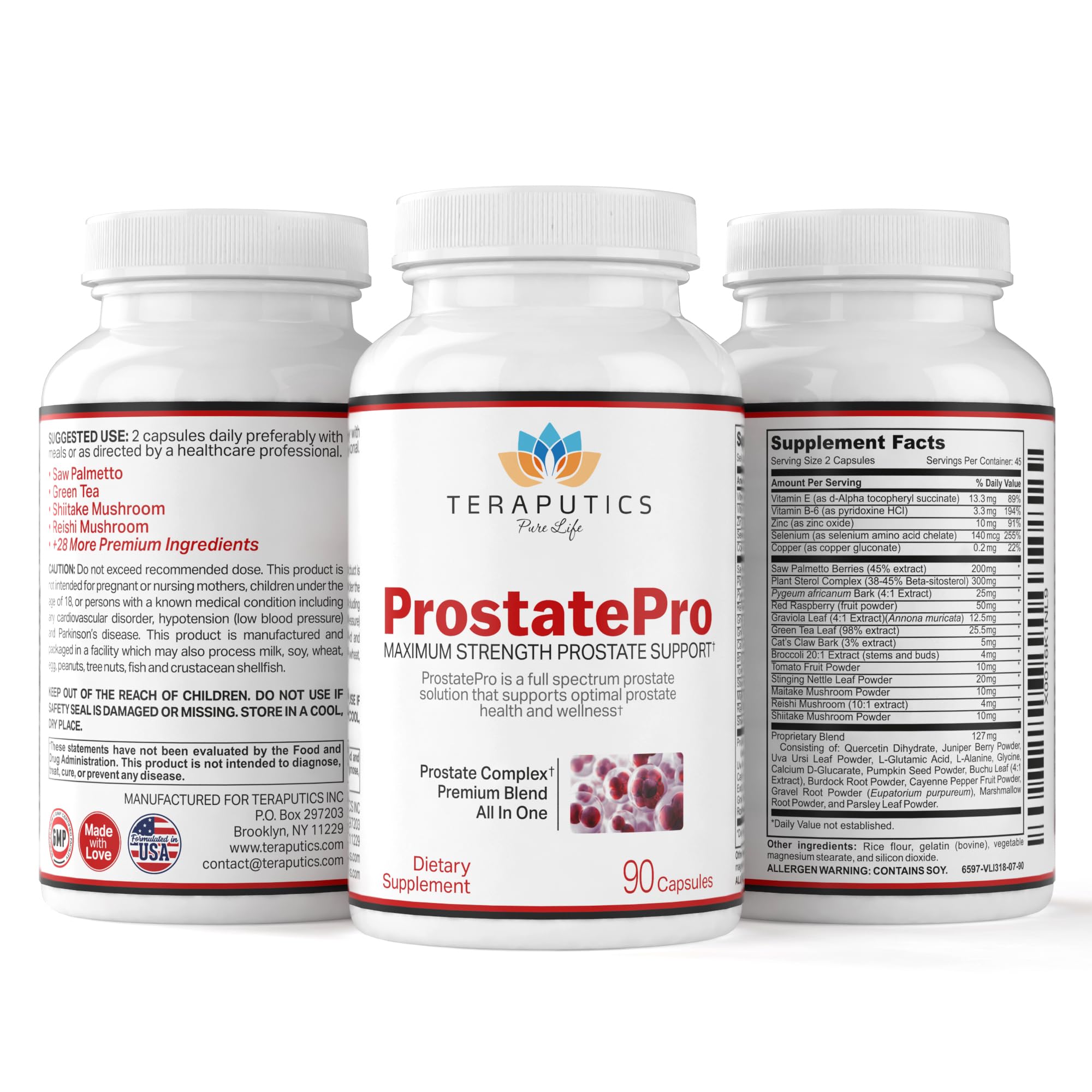 Detalle de la etiqueta de Teraputics ProstatePro destacando ingredientes y pureza