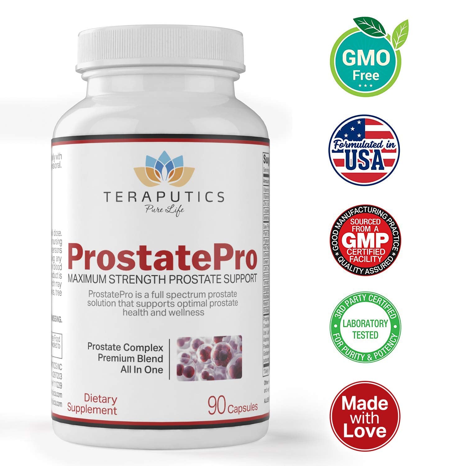 Teraputics ProstatePro primer plano de saw palmetto y pygeum como ingredientes clave
