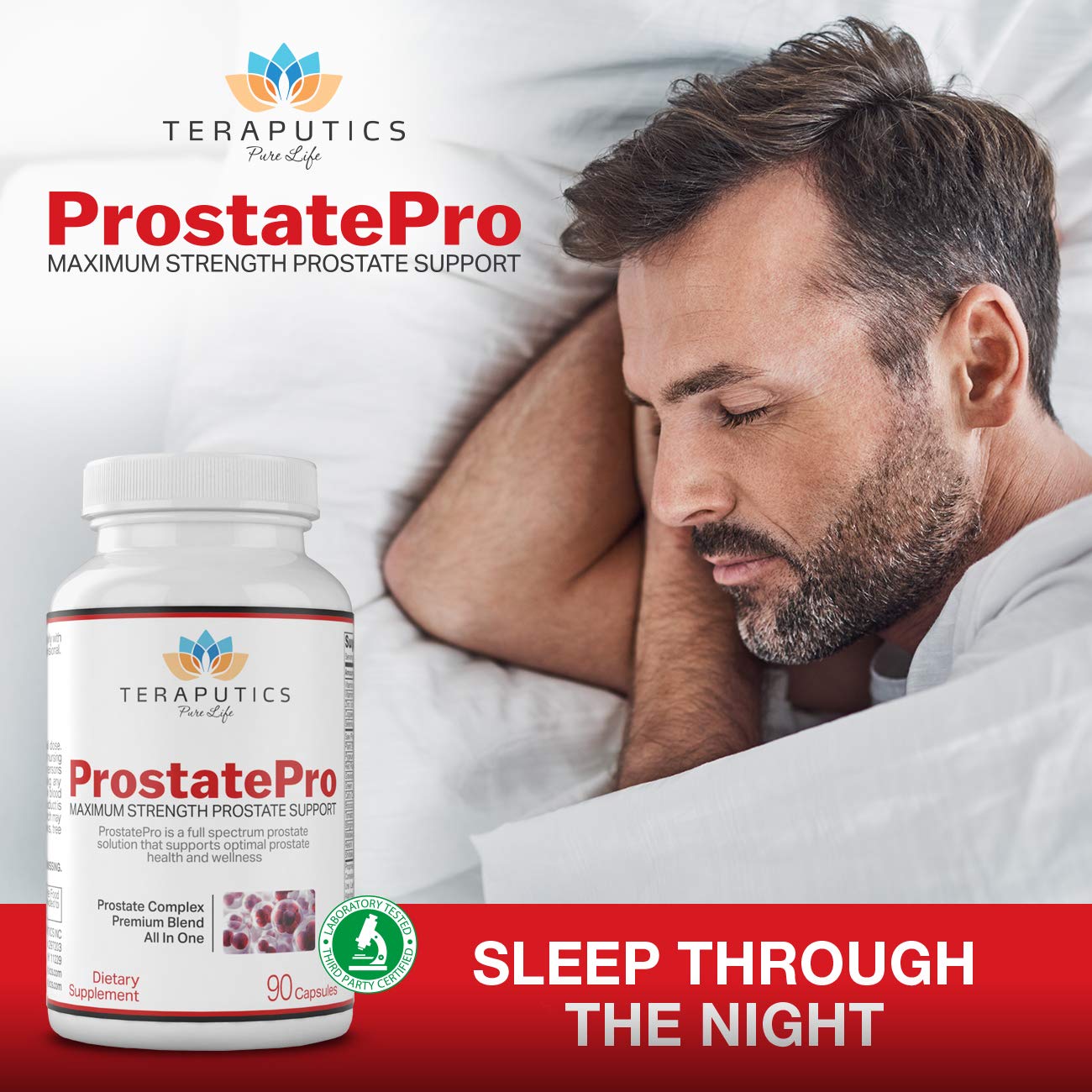Hombre usando Teraputics ProstatePro por la noche para mejor confort urinario