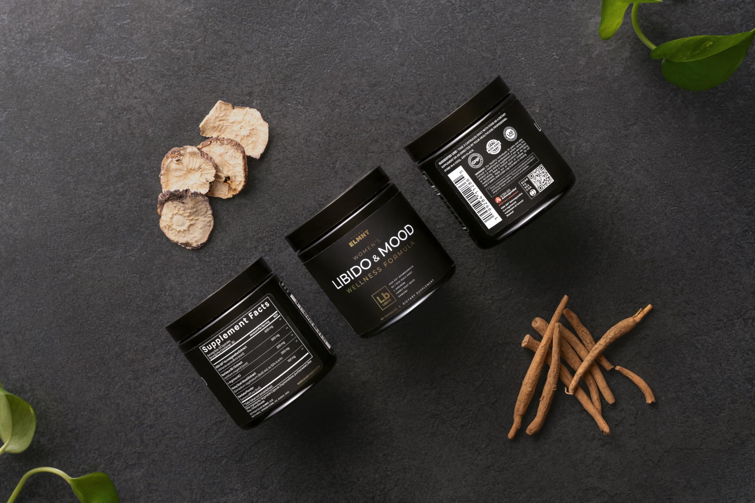 TERRA ELMNT collage de ingredientes: maca, ashwagandha y damiana para potencia