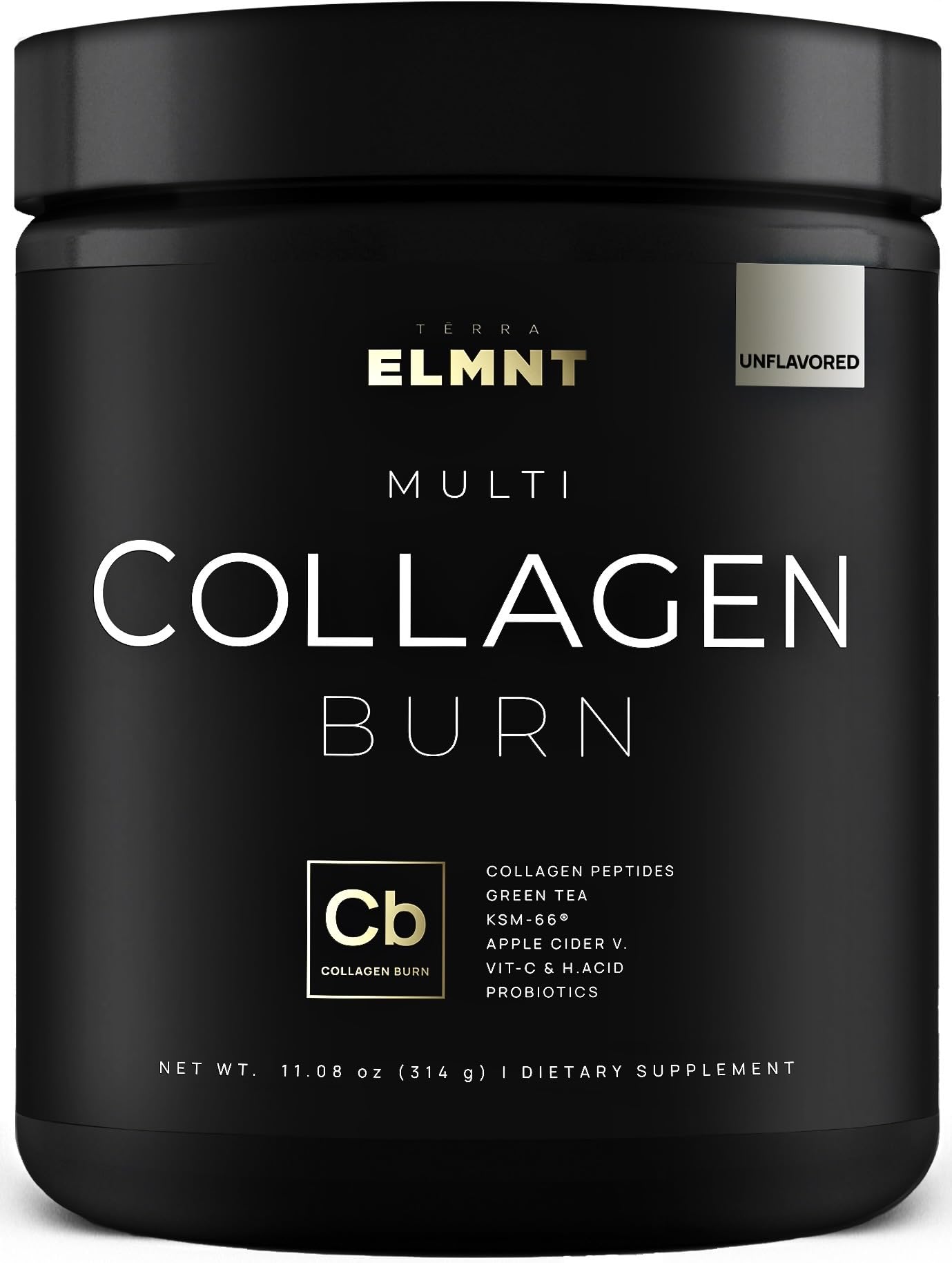 TERRA ELMNT frasco frontal mostrando etiqueta y beneficio de belleza