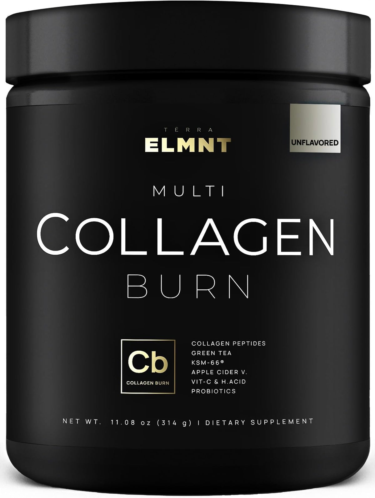 TERRA ELMNT frasco frontal mostrando etiqueta y beneficio de belleza