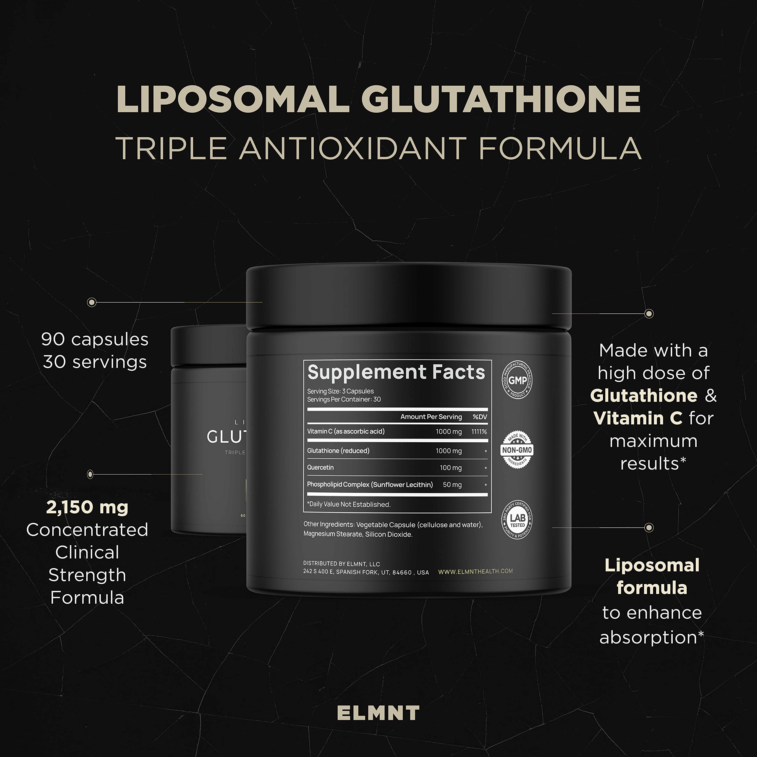 TERRA ELMNT ingredientes clave: glutathione, vitamina C, quercetina visibles