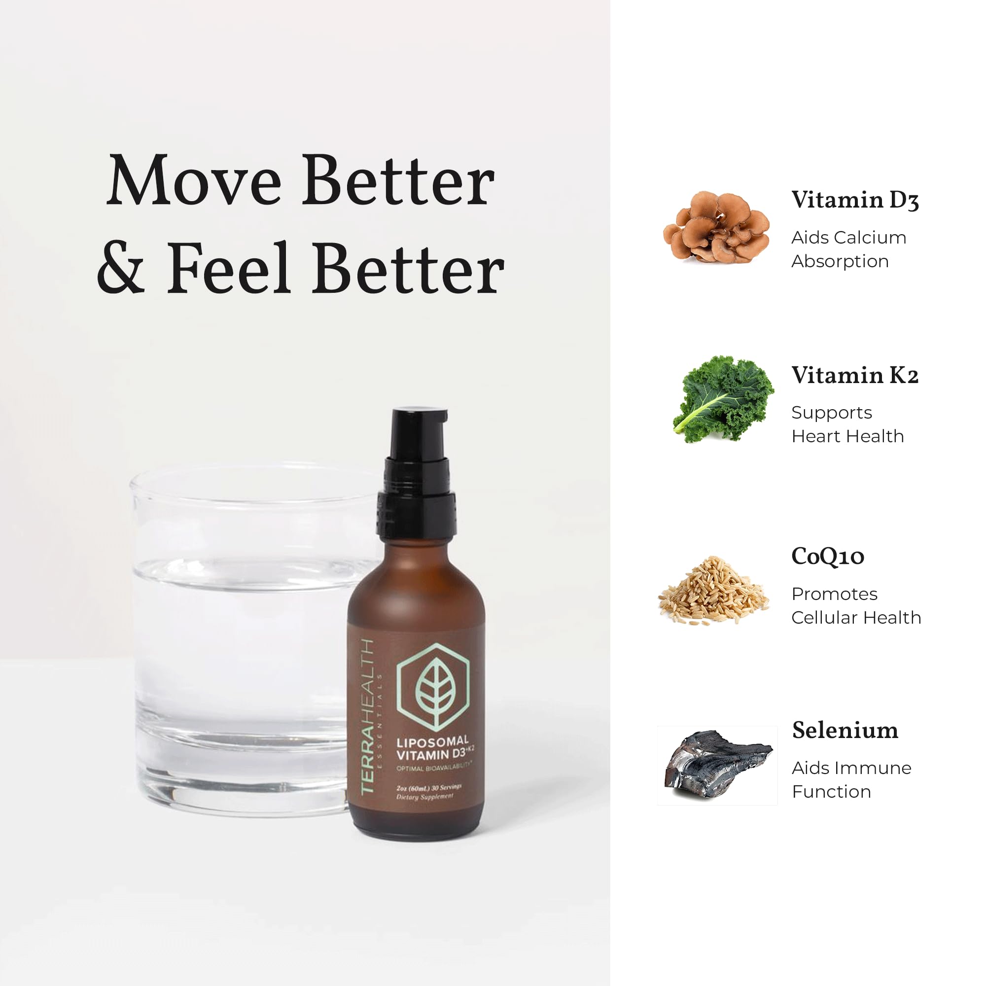 Terra Health Essentials etiqueta con ingredientes clave D3, K2, CoQ10 y selenio legibles