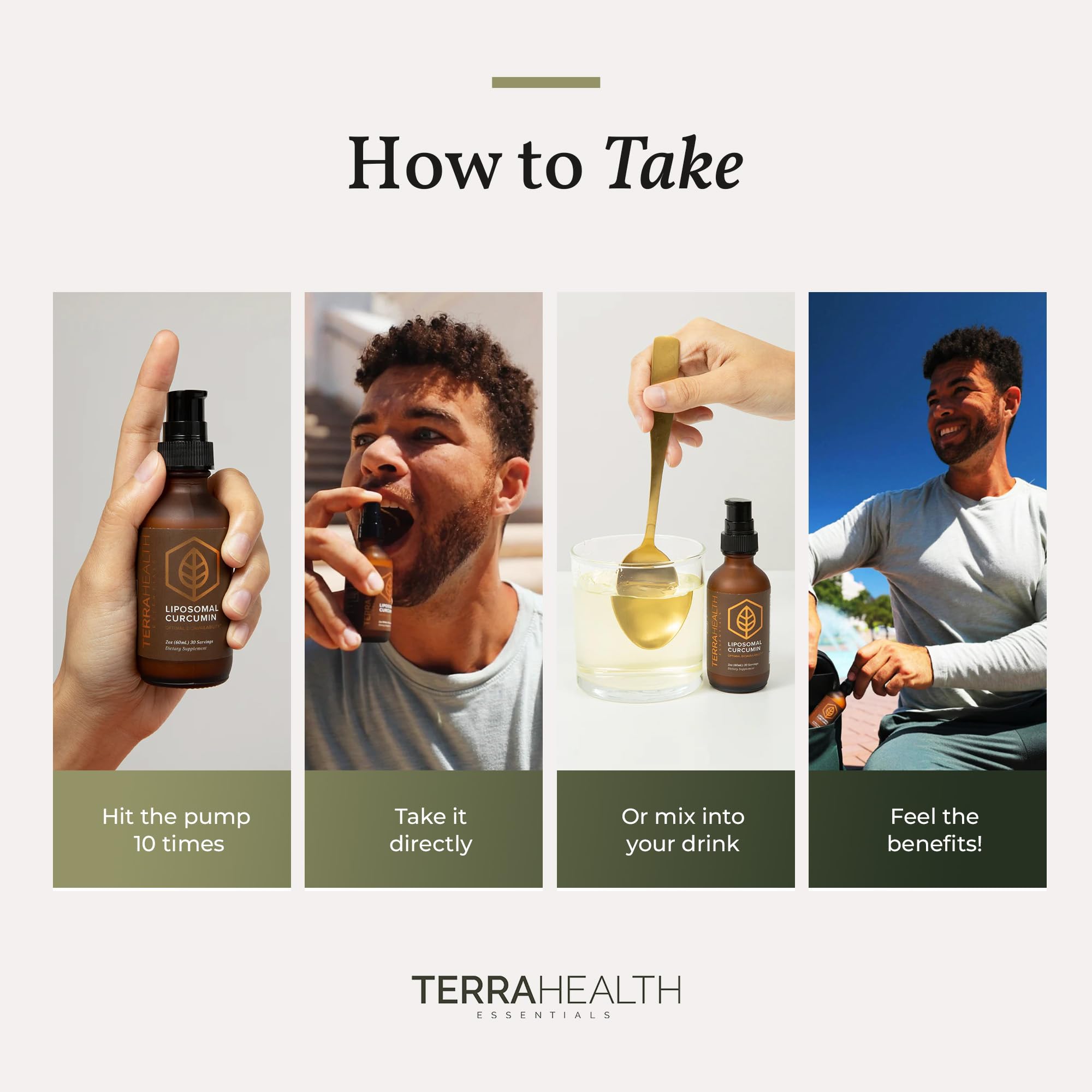 Terra Health Essentials botella junto a regla para ver tamaño real