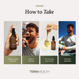 Terra Health Essentials botella junto a regla para ver tamaño real