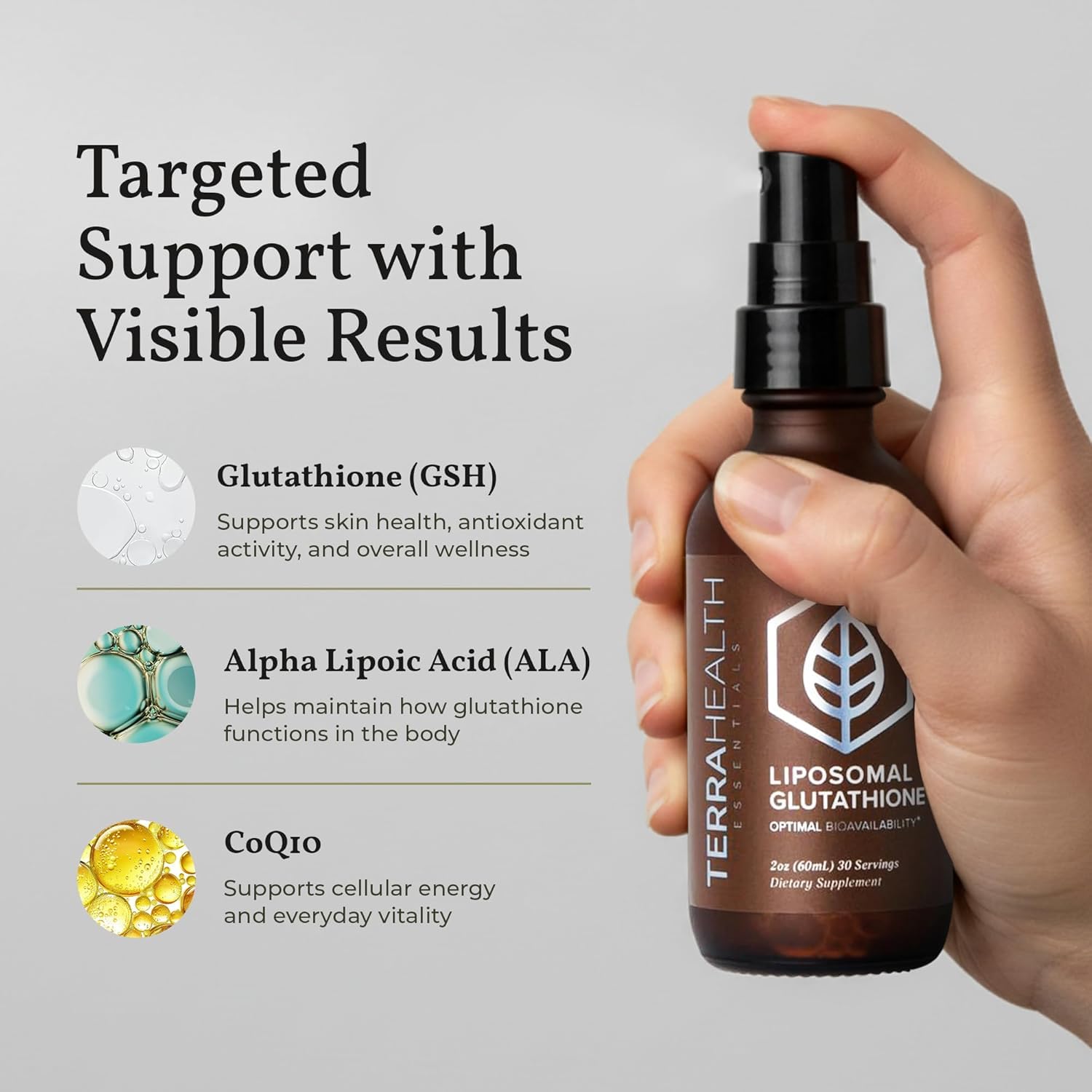 Etiqueta Terra Health con ingredientes ALA y CoQ10 visibles para soporte antioxidante