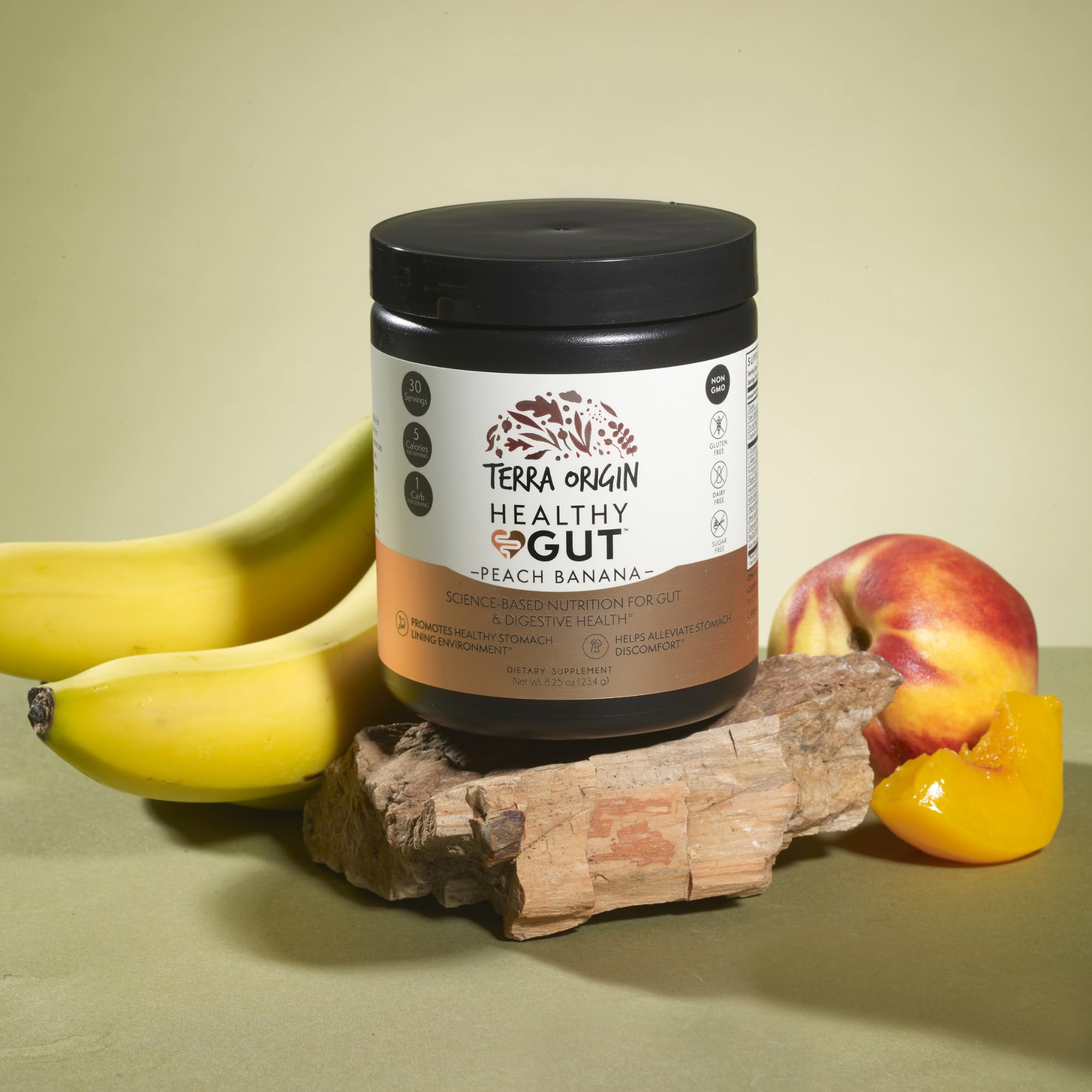 TERRA ORIGIN detalle de etiqueta con lista de ingredientes clave y pureza