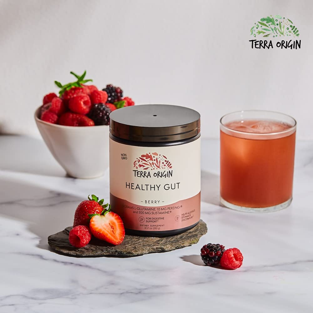 TERRA ORIGIN escena de vida saludable con producto, apoya comodidad digestiva