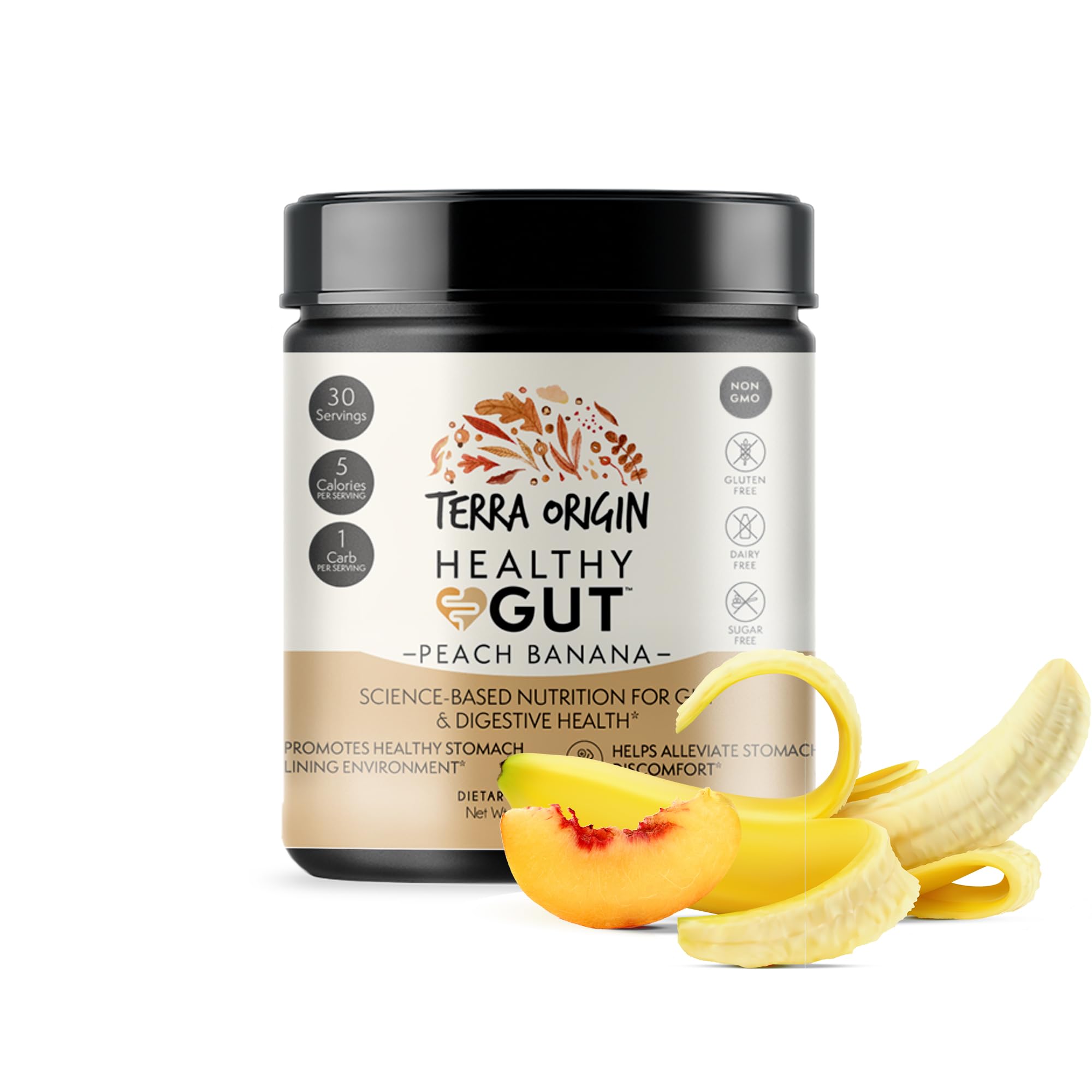 TERRA ORIGIN frente del envase mostrando el sabor durazno plátano y beneficios