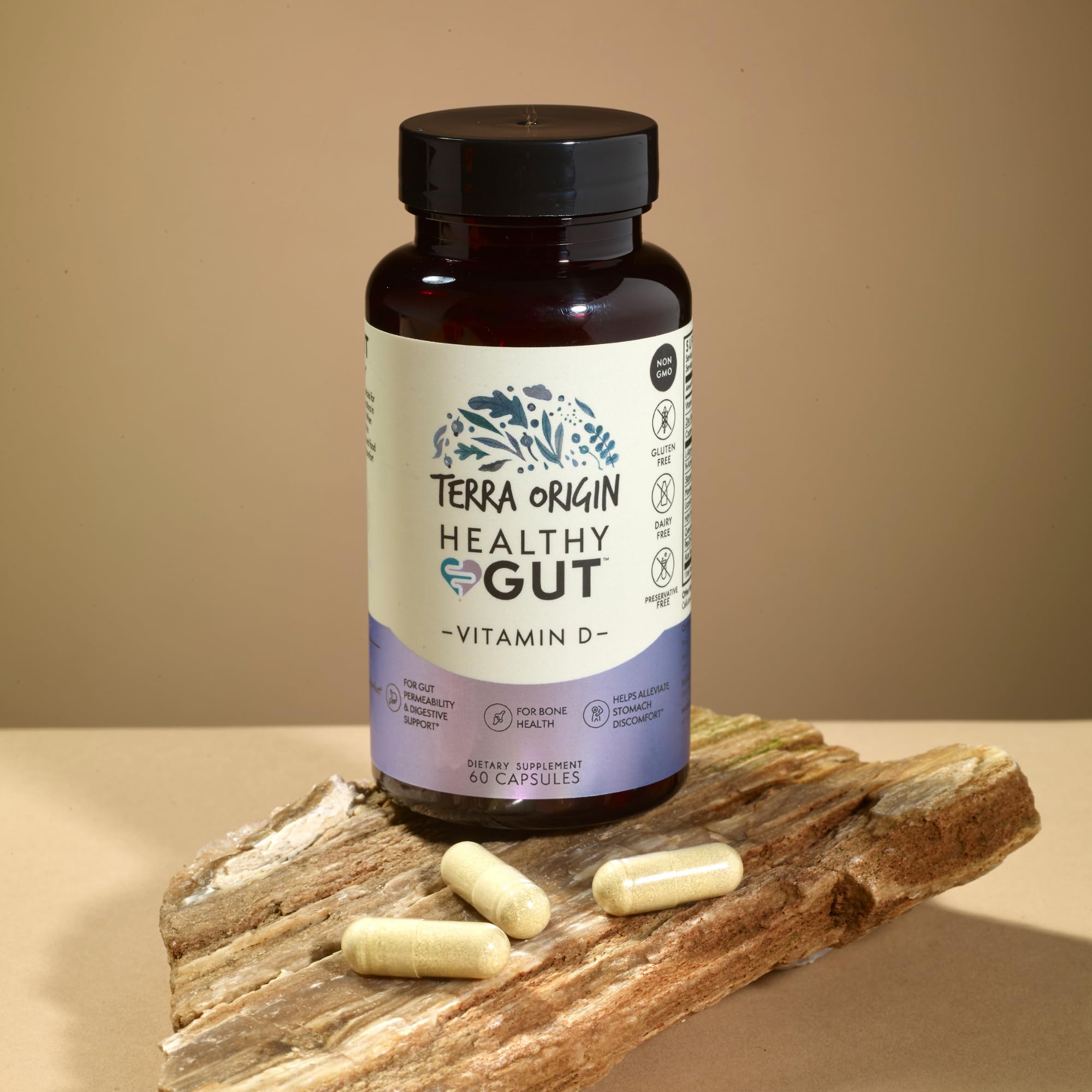 TERRA ORIGIN ingredientes primarios en bol destacando apoyo intestinal