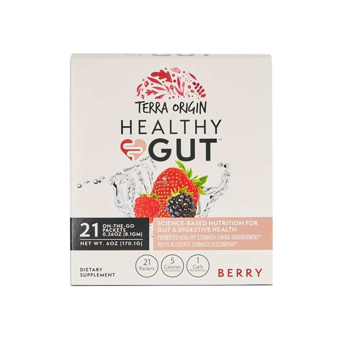 TERRA ORIGIN empaque frontal mostrando 21 sobres y beneficios claros