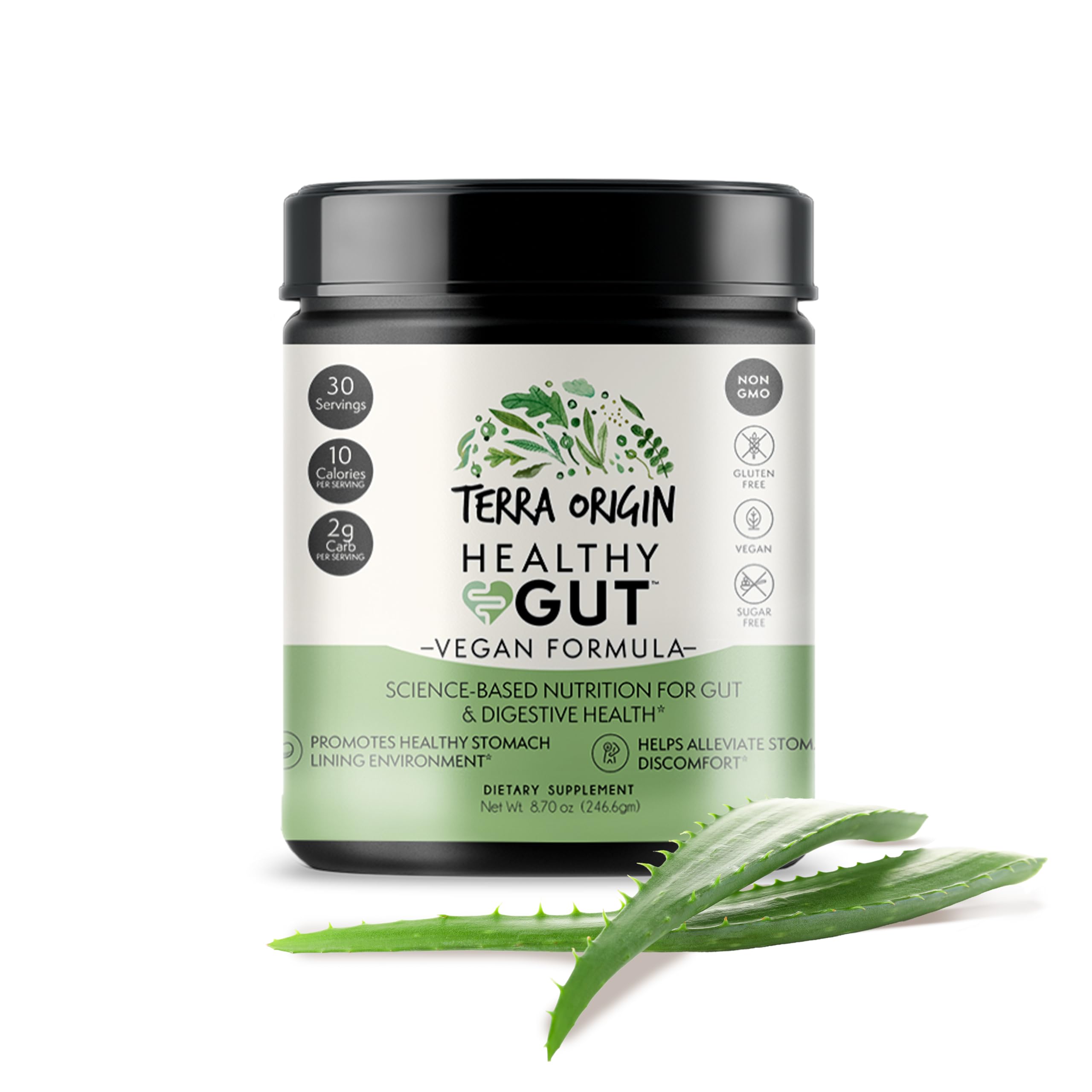 TERRA ORIGIN envase frontal del Healthy Gut con diseño claro y beneficios visibles