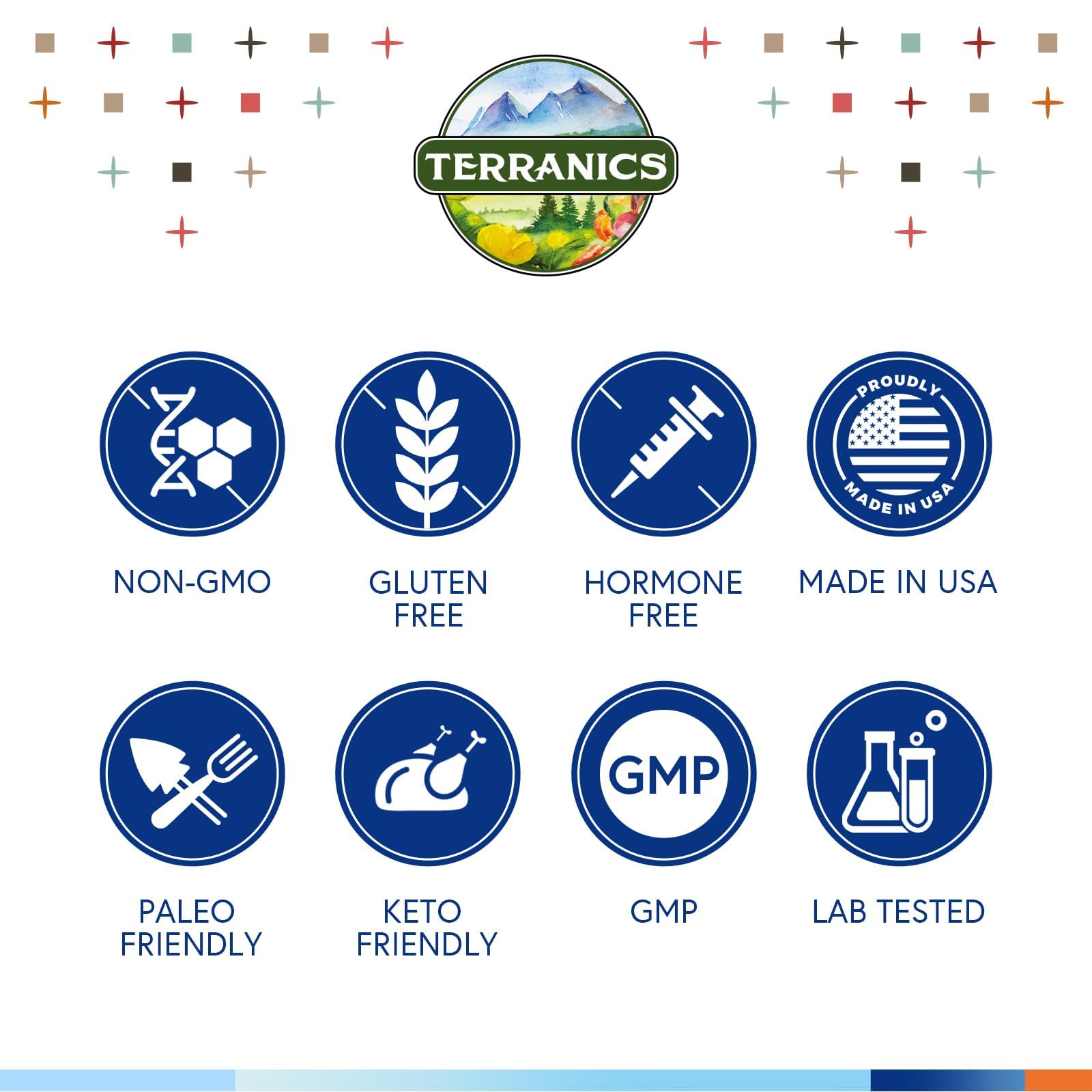 Terranics etiqueta con lista de colágenos y pruebas de calidad