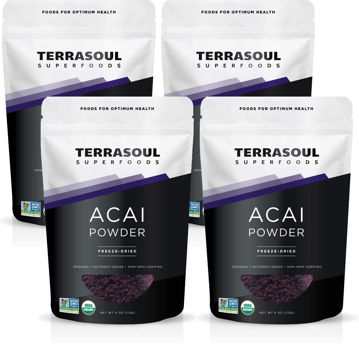 Terrasoul Superfoods empaque frontal mostrando paquete de polvo de açaí y beneficios