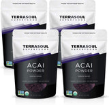 Terrasoul Superfoods empaque frontal mostrando paquete de polvo de açaí y beneficios