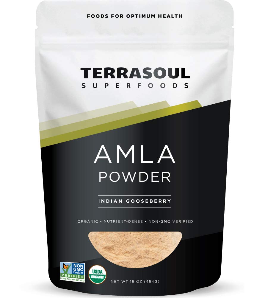 Terrasoul Superfoods envase frontal de amla en polvo, aporte antioxidante