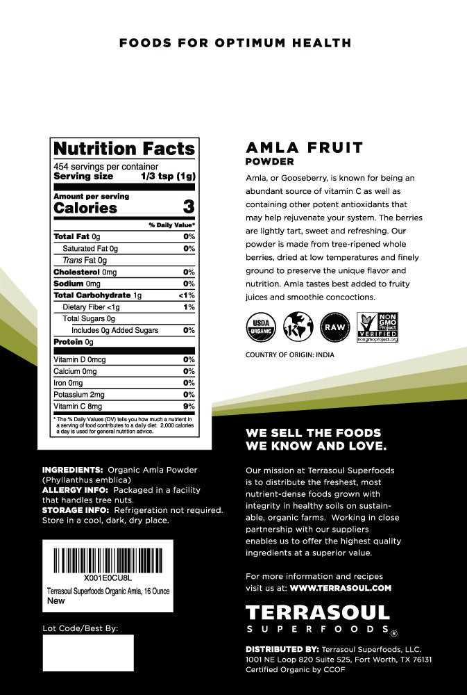 Terrasoul Superfoods amla textura en primer plano, polvo fino y fácil mezcla