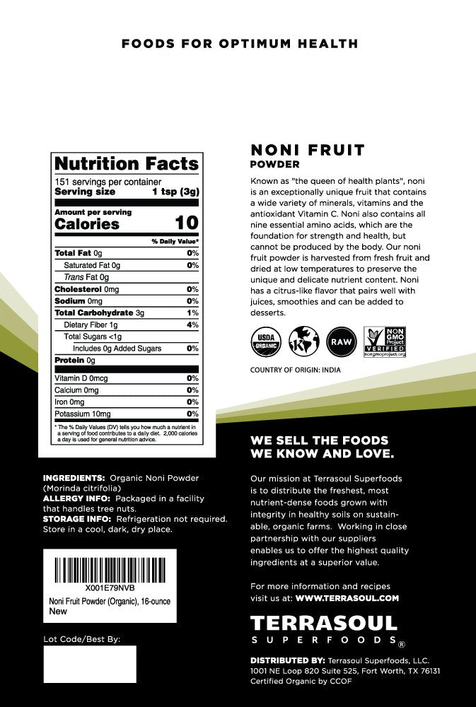 Terrasoul Superfoods textura del polvo de noni en cuchara mostrando finura y mezcla fácil