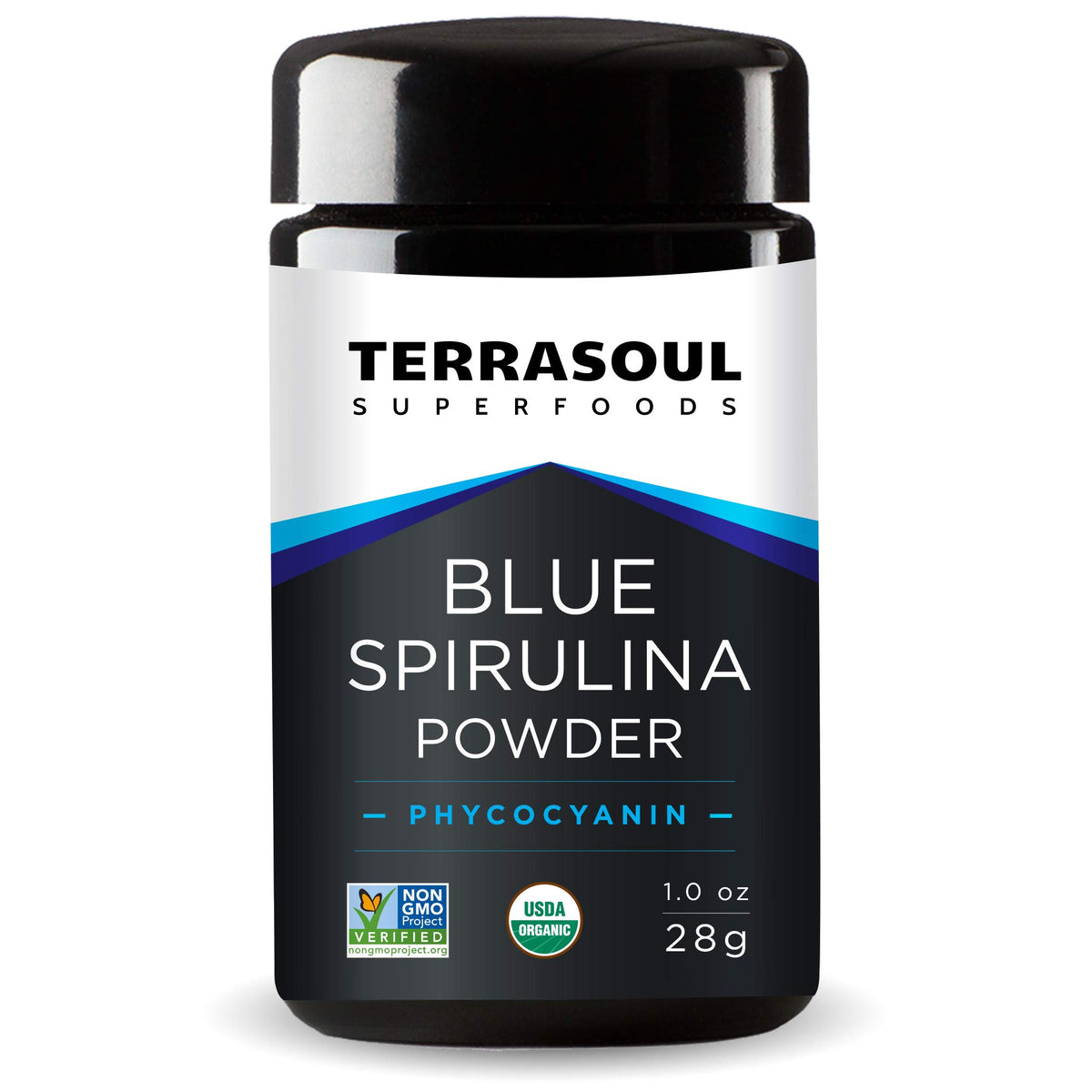 Terrasoul Superfoods frasco frente con spirulina azul preservada