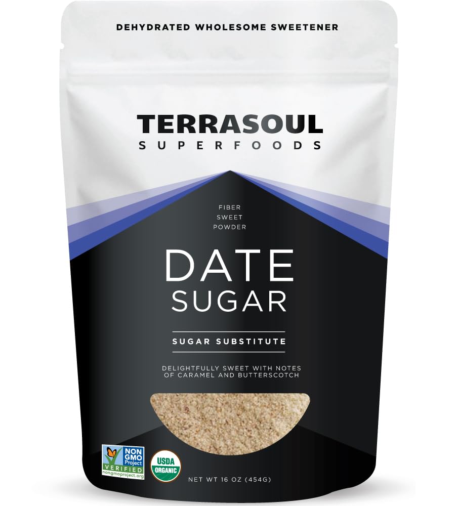 Terrasoul Superfoods envase frontal mostrando azúcar de dátiles orgánica y beneficio natural