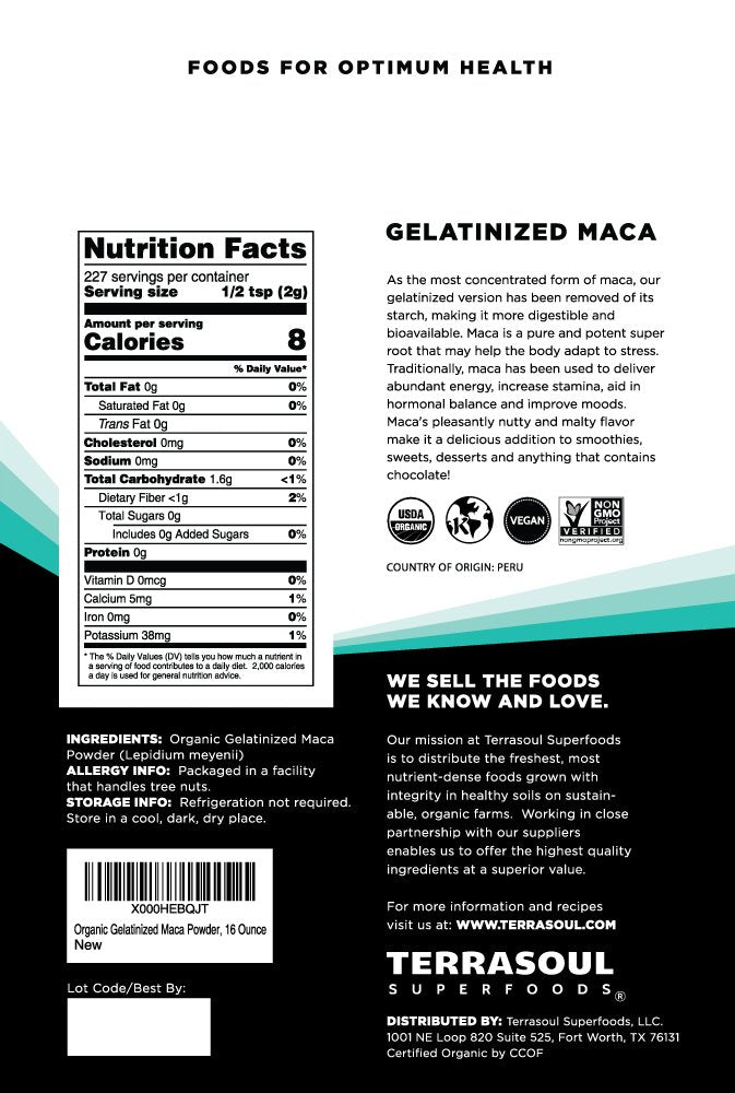 Terrasoul Superfoods polvo de maca gelatinizada en primer plano, textura fina y homogénea
