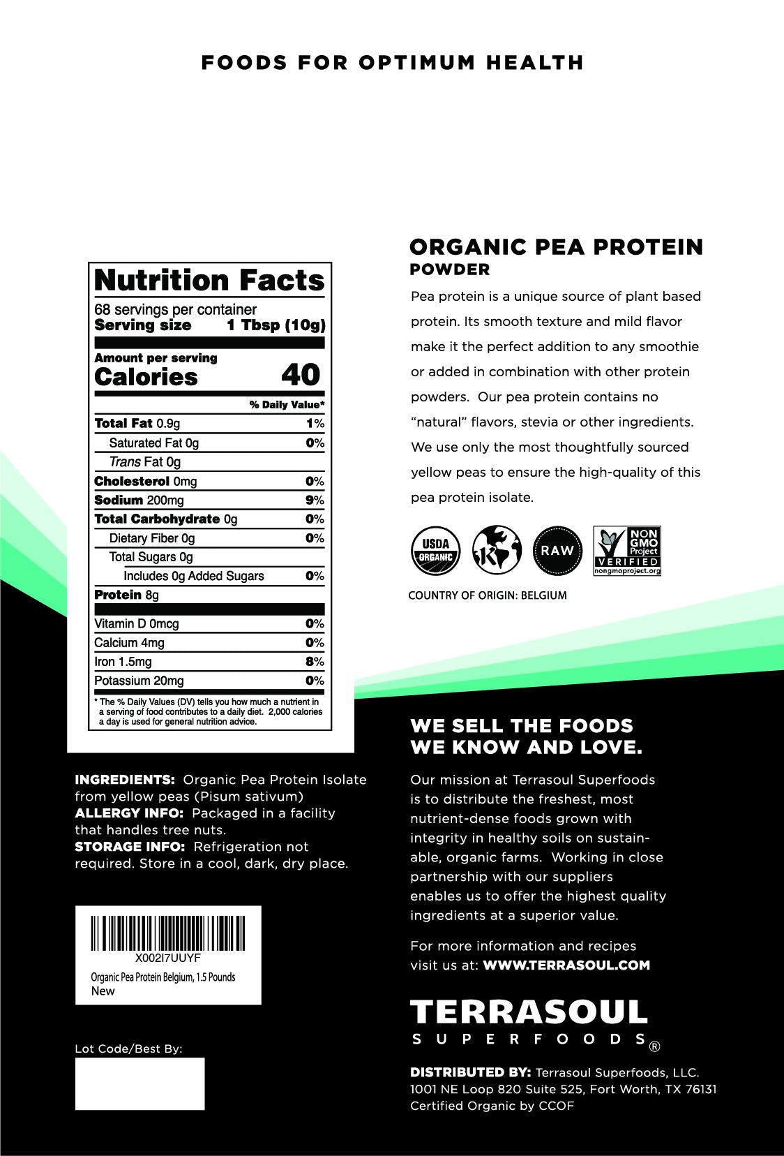 Terrasoul Superfoods acercamiento a la textura del polvo, ventaja de mezcla suave