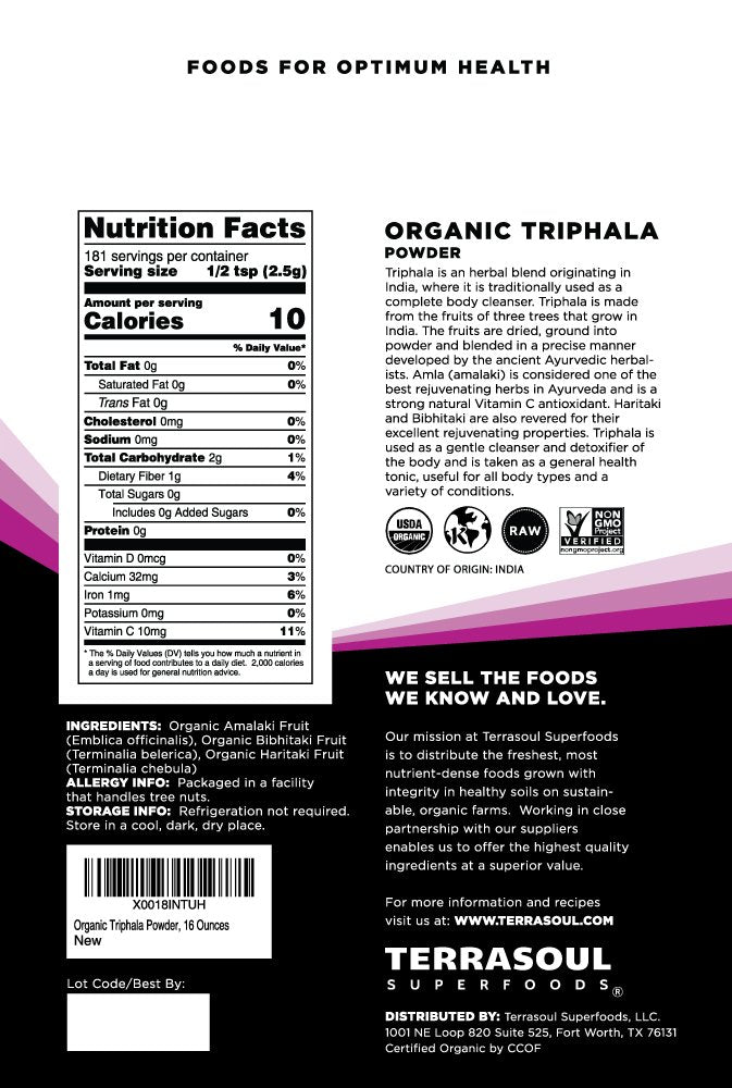 Terrasoul Superfoods polvo de Triphala textura fina para mezclar rápidamente