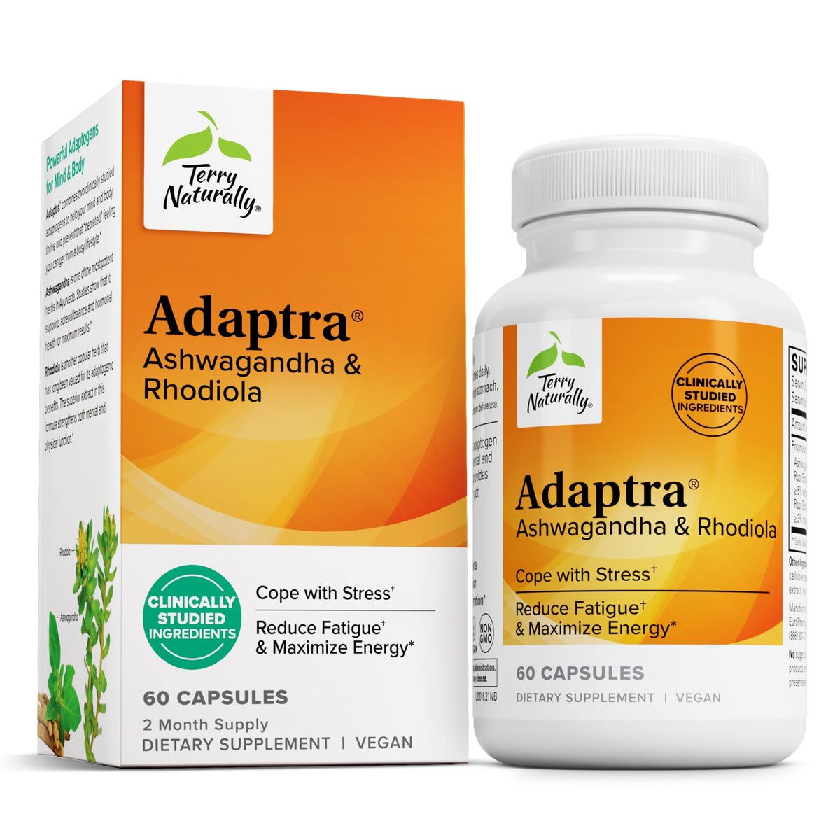 Terry Naturally Adaptra vista frontal con etiqueta clara y beneficio de apoyo adrenal