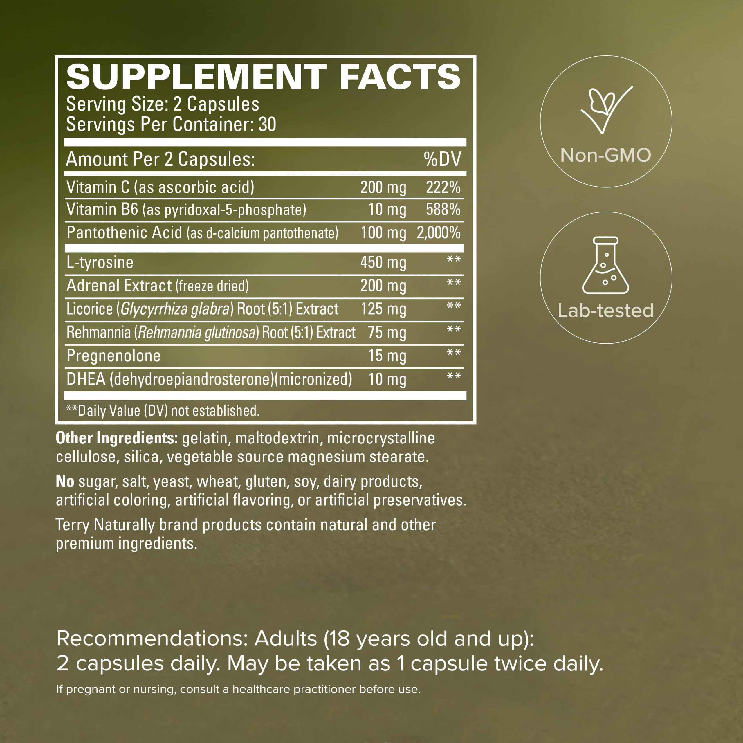 Ingredientes clave de Terry Naturally Adrenaplex organizados y comprensibles
