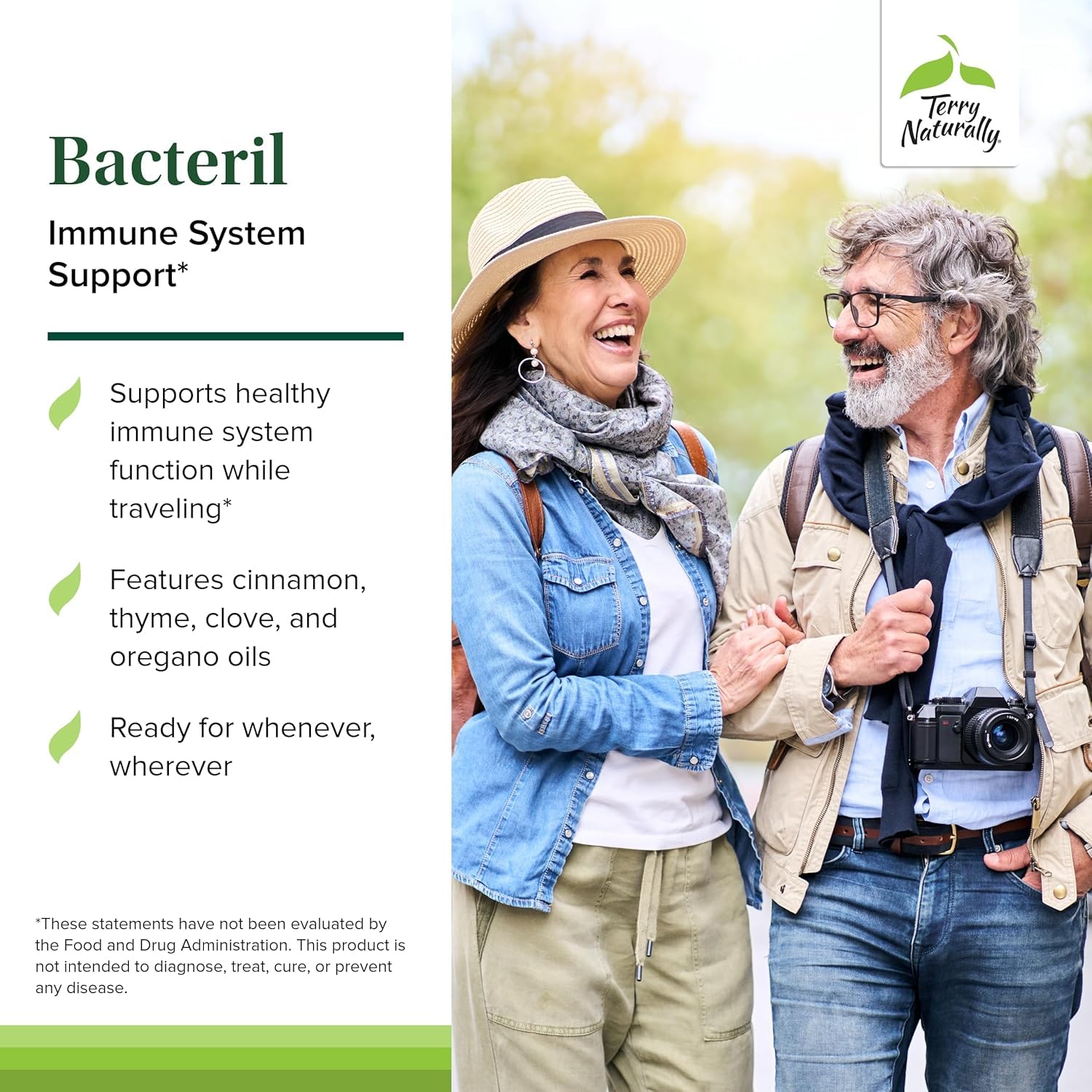 Terry Naturally Bacteril ingredientes clavo canela tomillo orégano, resalta origen botánico