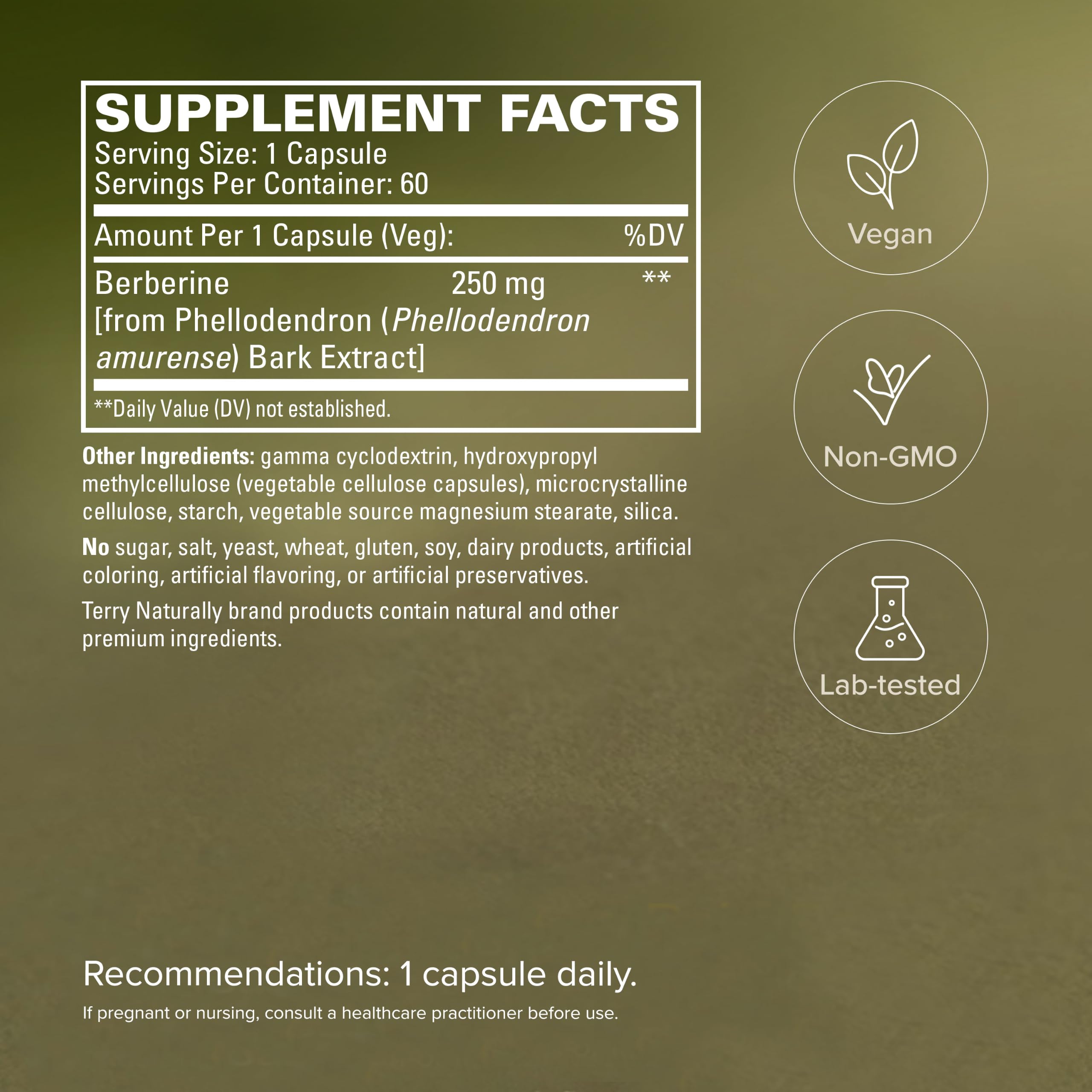 Etiqueta nutricional de Terry Naturally Berberine MetX con información de ingredientes