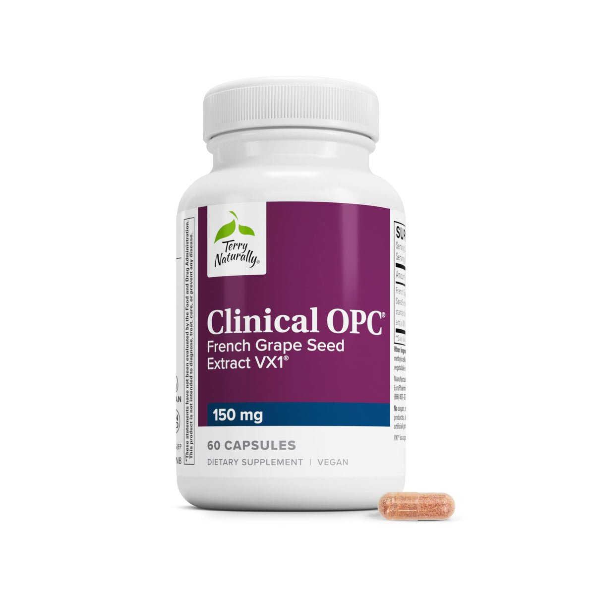 Terry Naturally Clinical OPC vista frontal del frasco que destaca ingredientes limpios