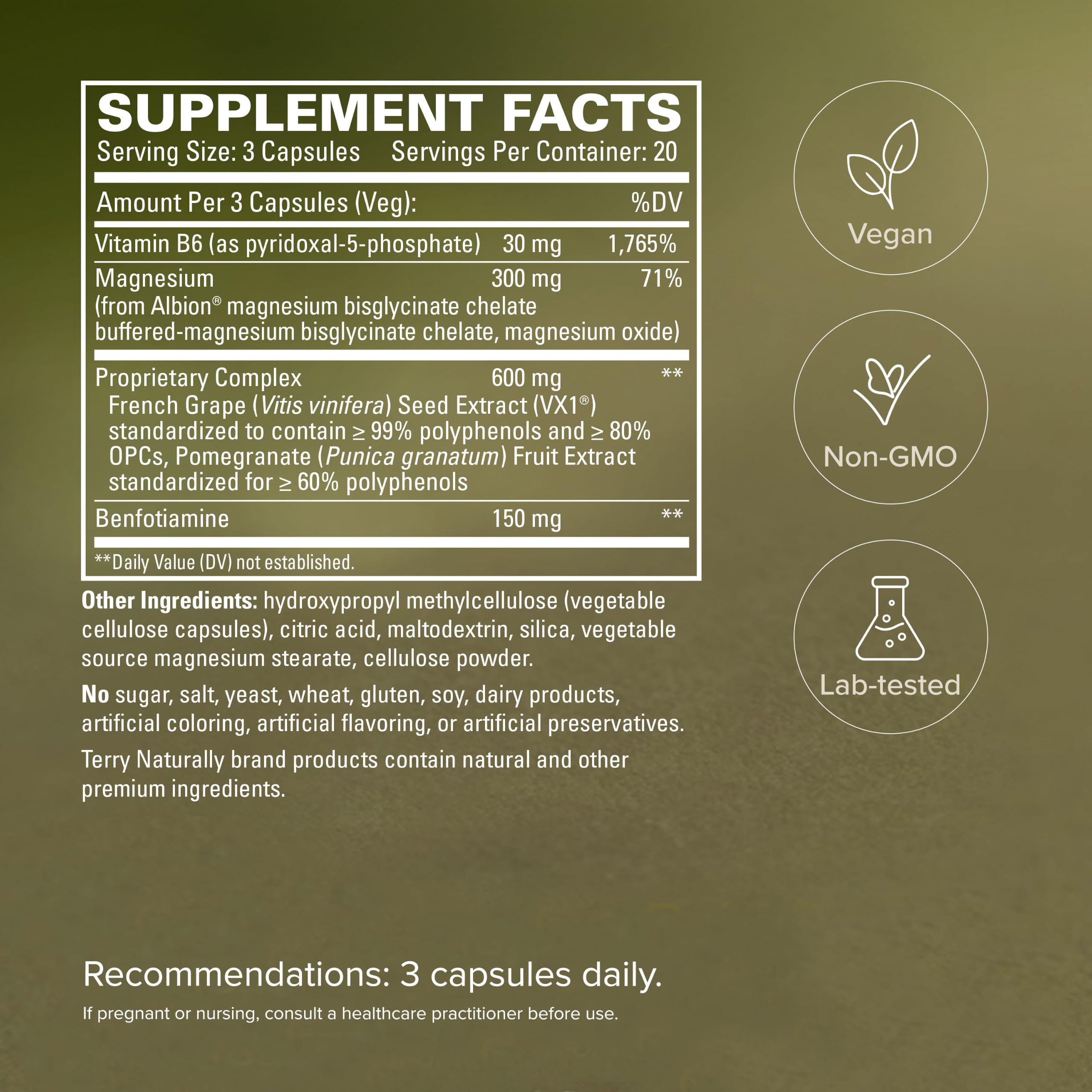 Terry Naturally primer plano de la etiqueta nutricional mostrando ingredientes clave