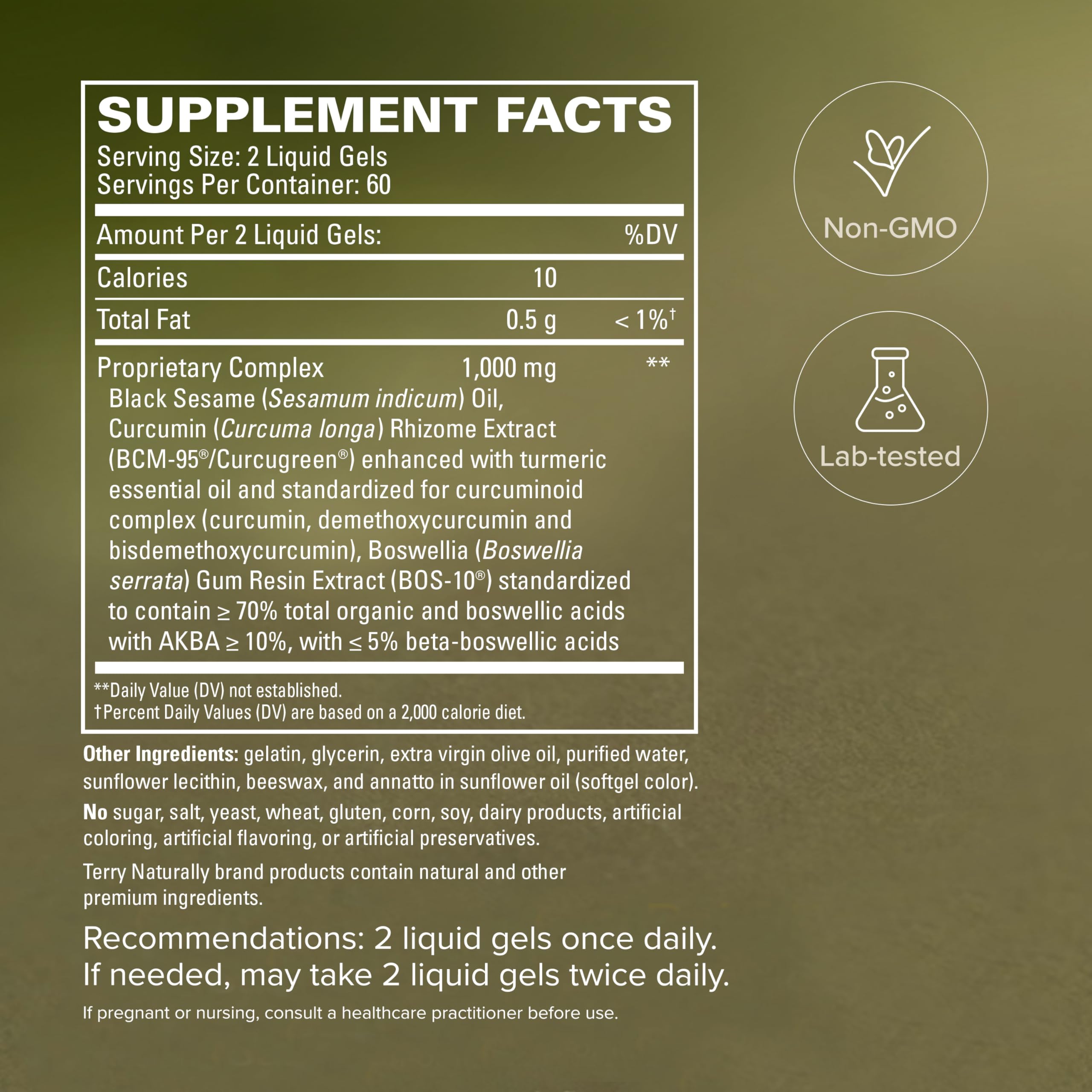 Terry Naturally etiqueta nutricional, informa ingredientes estandarizados y dosificación
